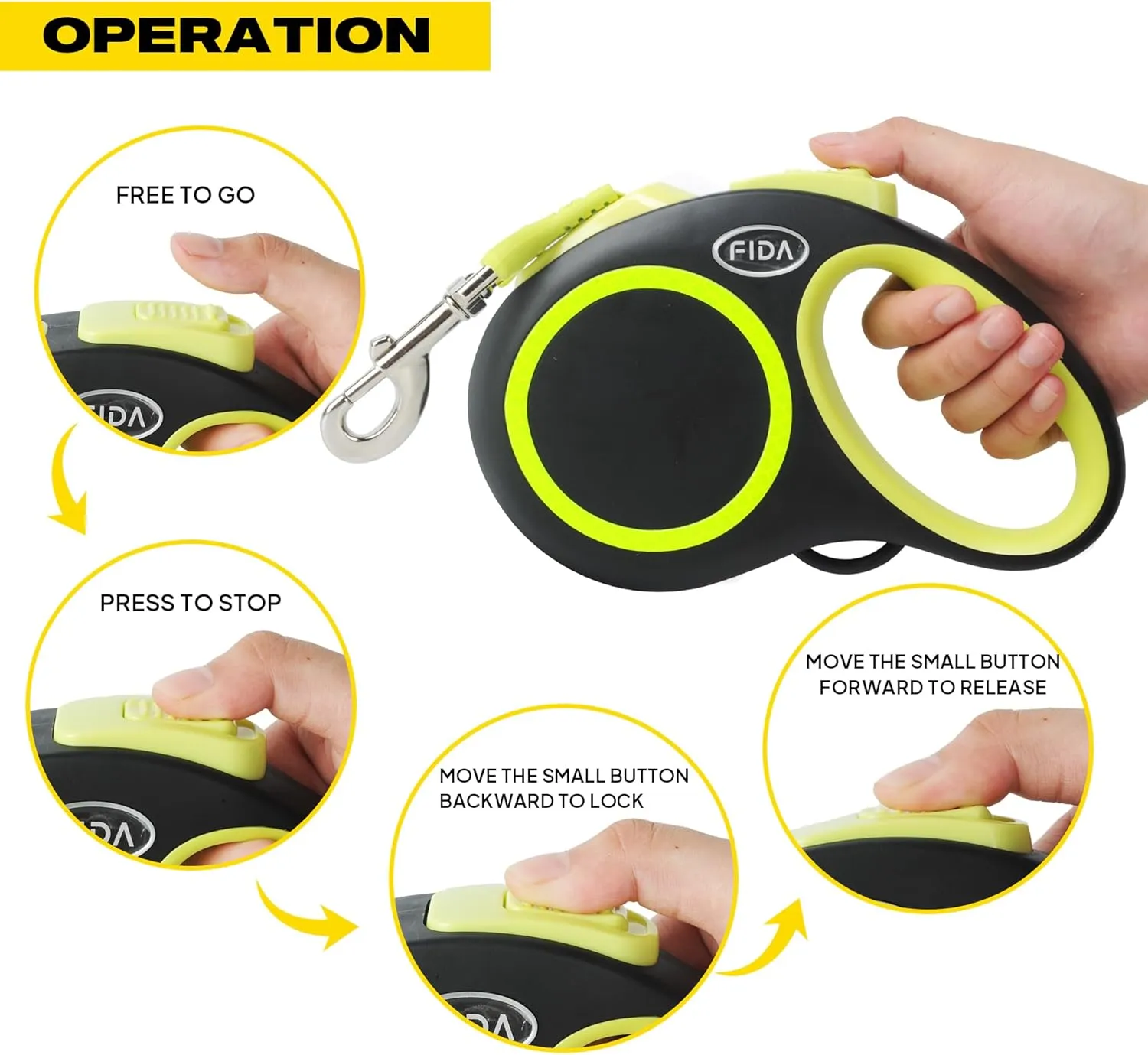 Fida Retractable Dog Leash, Reflective 16ft Heavy Duty Pet Walking Leash for Small/Medium Dog up to 26 lbs, Tangle Free. One-Hand Brake (Small, Neon Yellow)
