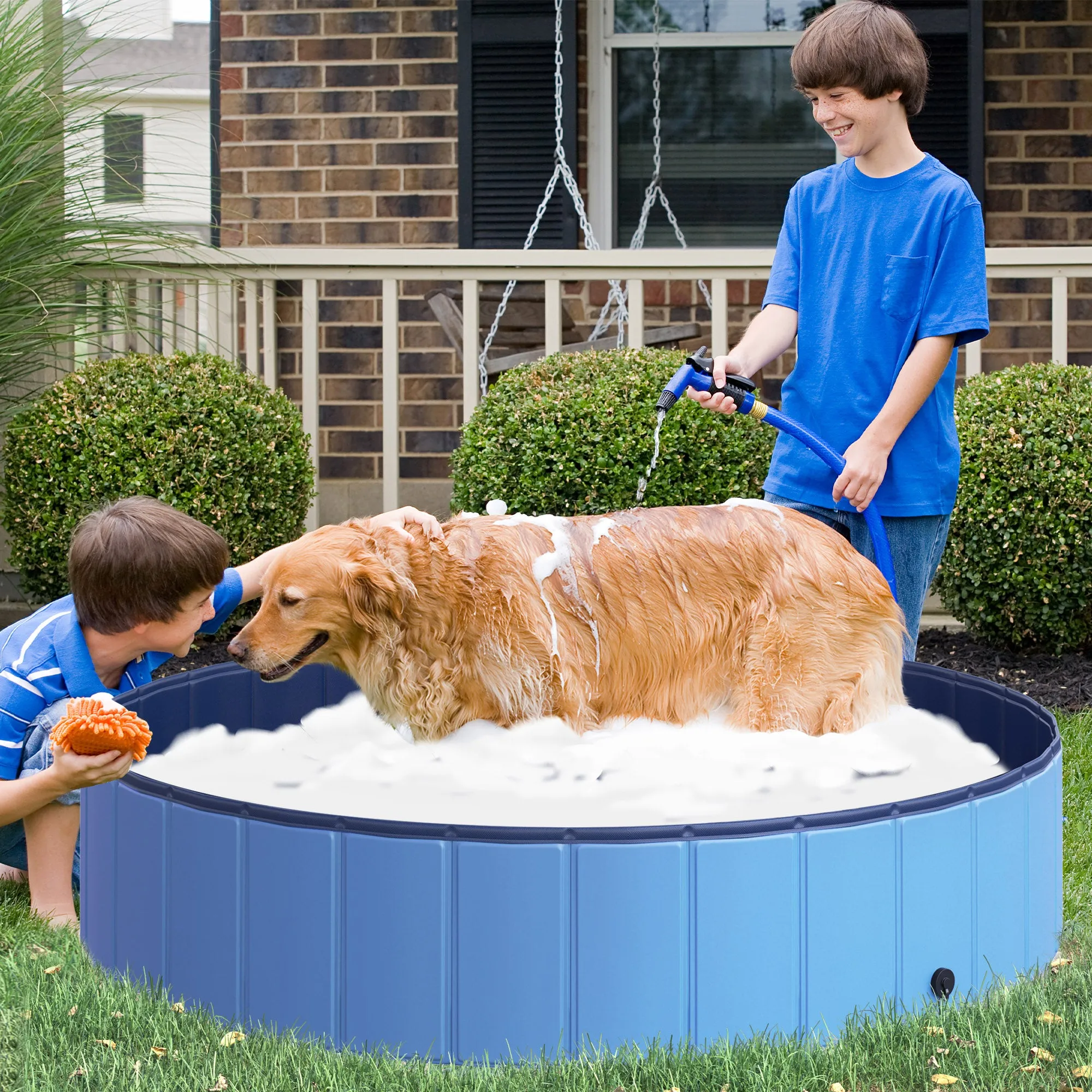 Foldable Dog Paddling Pool Pet Cat Swimming Pool Indoor/Outdoor Collapsible Summer Bathing Tub Shower Tub Puppy Washer (140 x 30H (cm), Blue)