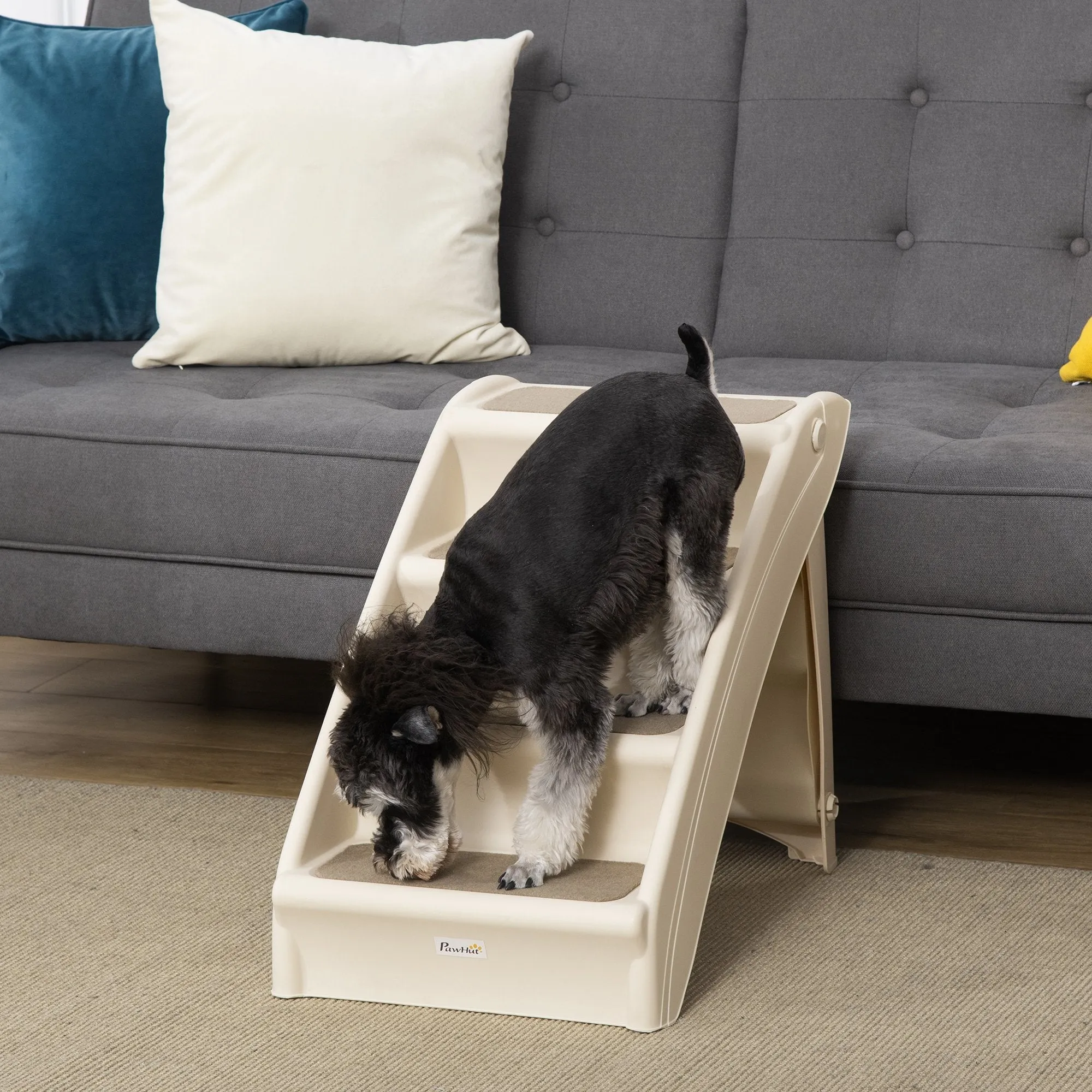 Foldable Pet Stairs 4-Step for Cats Small Dogs with Non-slip Mats 62 x 38 x 49.5 cm Beige
