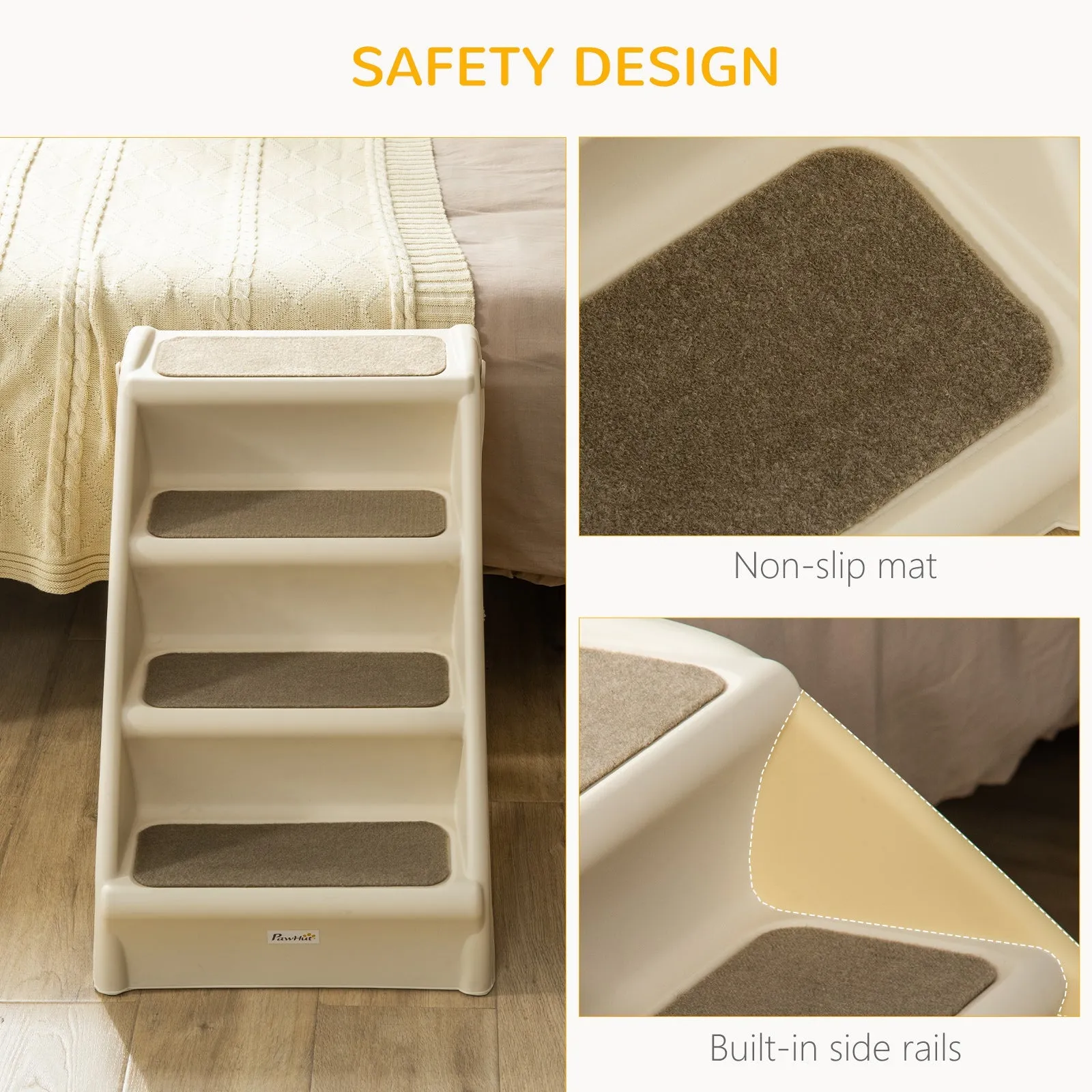 Foldable Pet Stairs 4-Step for Cats Small Dogs with Non-slip Mats 62 x 38 x 49.5 cm Beige
