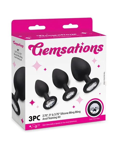Gemsations 3 pc 2.75" & 3.15" & 3.7" Silicone Bling Bling Butt Plug Training Set