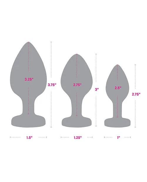 Gemsations 3 pc 2.75" & 3.15" & 3.7" Silicone Bling Bling Heart Butt Plug Training Set