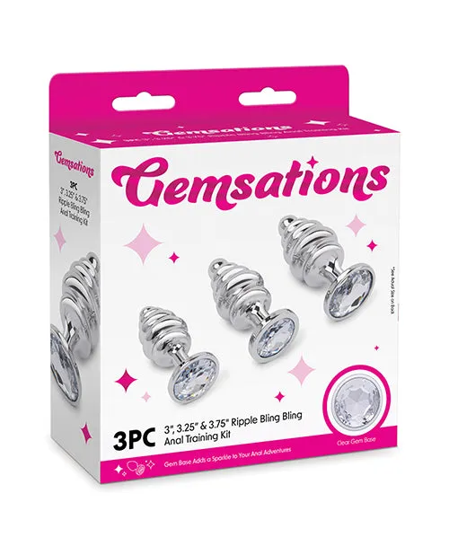 Gemsations 3 pc 2.95" & 3.25" & 3.7" Ripple Bling Bling Metal Butt Plug Training Set