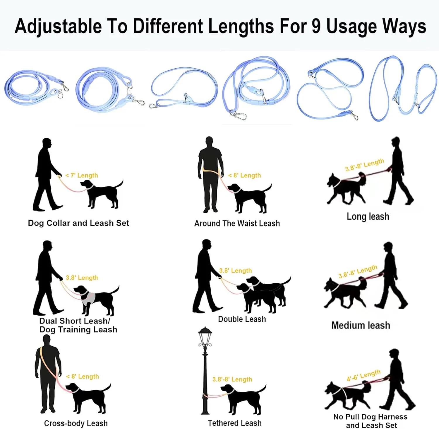 Hands Free Dog Leash Crossbody & Waist Leash for Dog Walking, 9-in-1 Waterproof Adjustable Puppy Collar and Pet Set No Pull Dog Harness for Large 20-120lb, Blue
