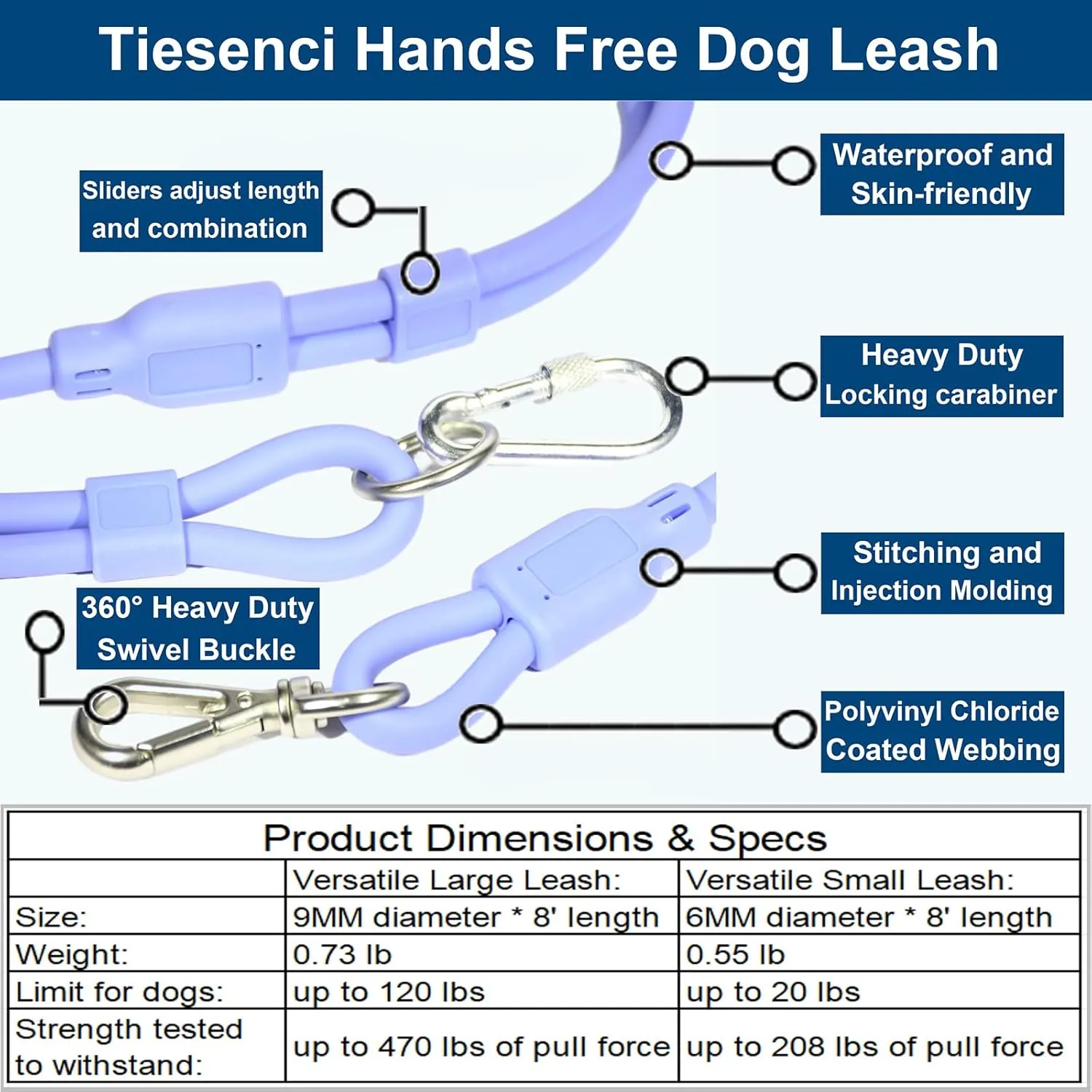 Hands Free Dog Leash Crossbody & Waist Leash for Dog Walking, 9-in-1 Waterproof Adjustable Puppy Collar and Pet Set No Pull Dog Harness for Large 20-120lb, Blue