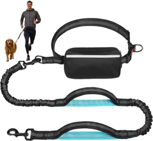 Hands Free Dog Leash with Zipper Pouch, Dual Padded Handles Running Leash for Medium and Large Dog, Retractable Bungee Waist Dog Leash for Walking Hiking Running