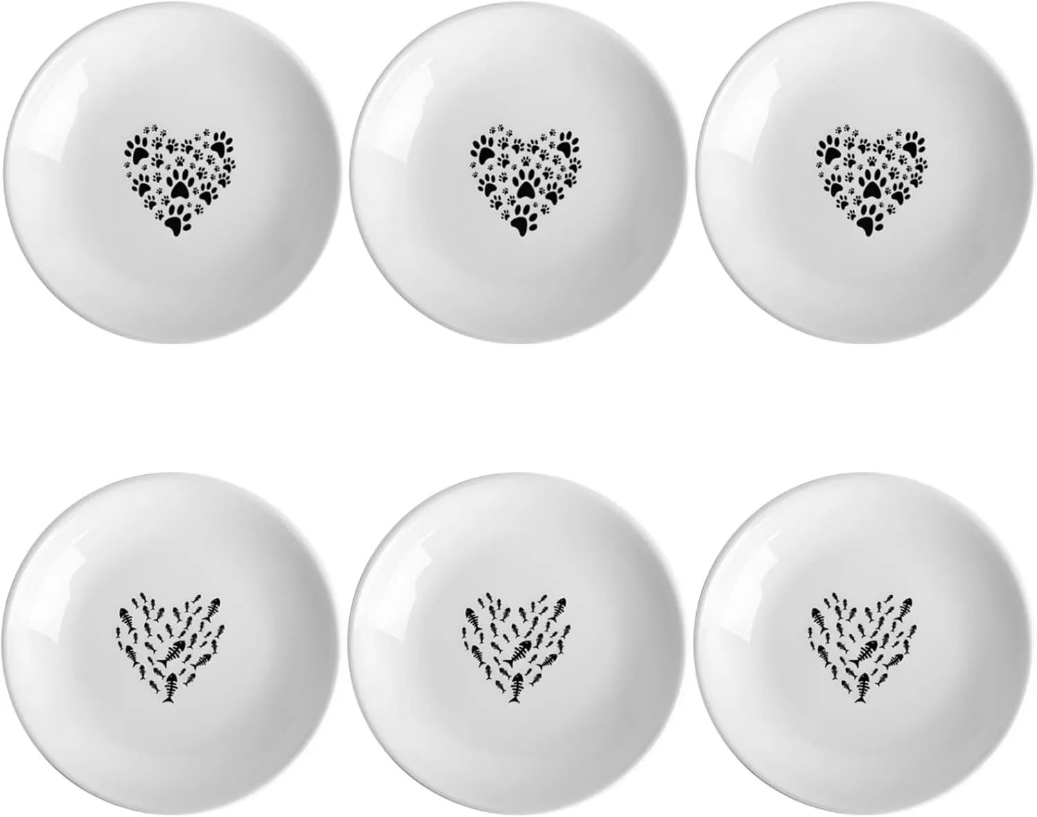 Homaisson 6 Pcs Cat Food Bowls, Whisker Friendly Ceramic Cats Bowls, Shallow Kitten Food Bowl, Heart Cat Plates, Easy to Clean, Ideal for Cats and Small Dogs, Two Patterns