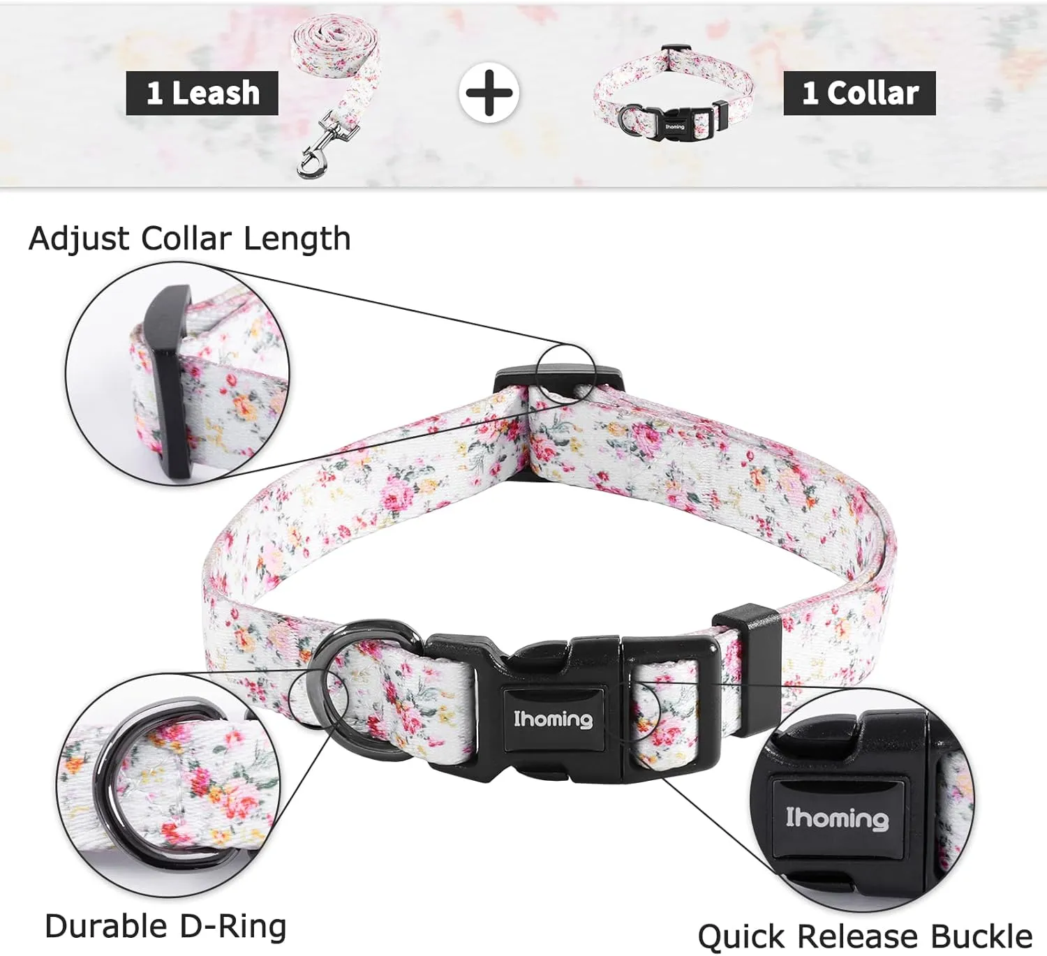 Ihoming Dog Collar and Leash Set for Daily Outdoor Walking Running Training, Floral Sky Design for Small Boys Girls Dogs Cats Pets, S-Up to 20LBS