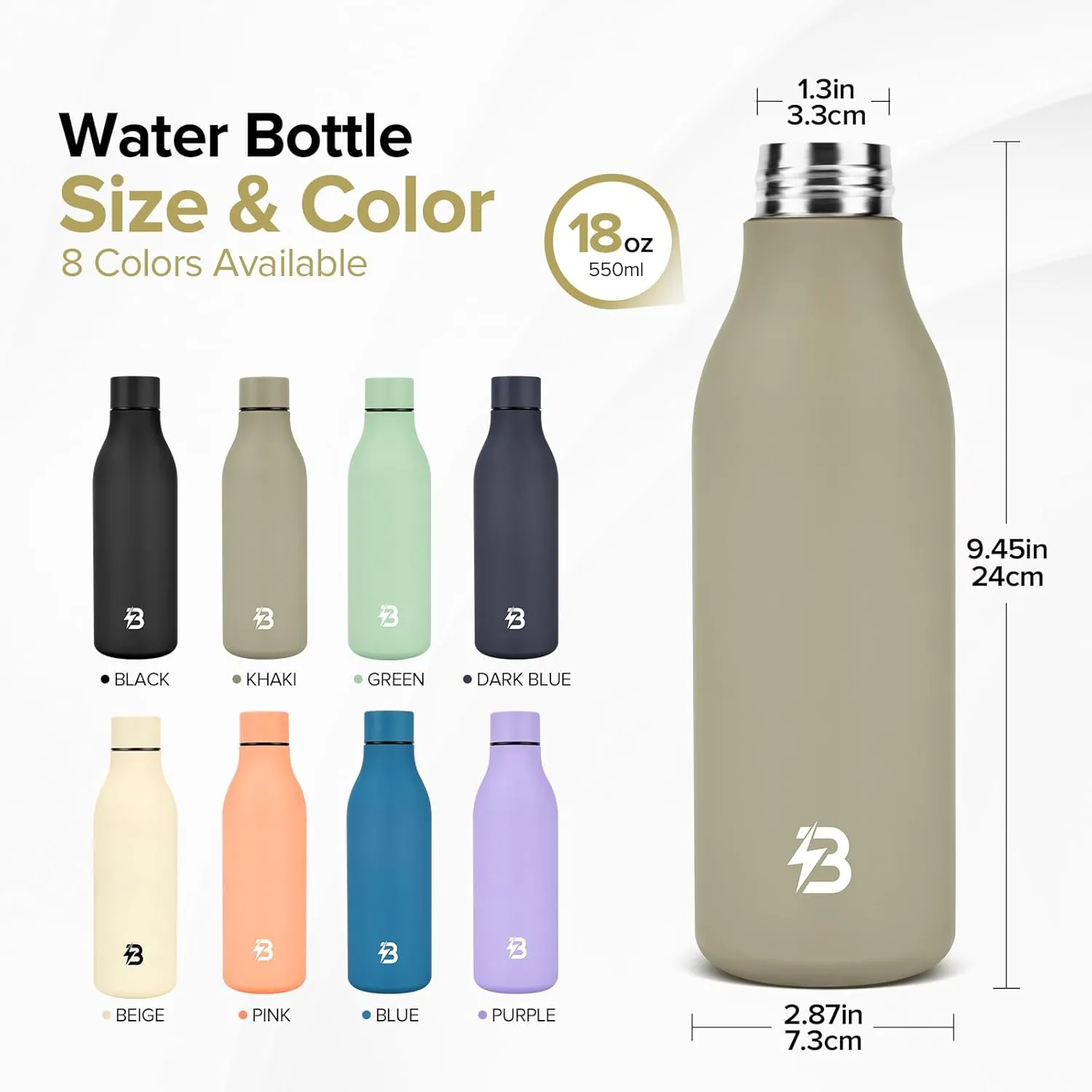 Insulated Metal Water Bottle, 18 oz Stainless Steel Leak-Proof Gym Water Bottle with Lid for Men Women (Khaki)