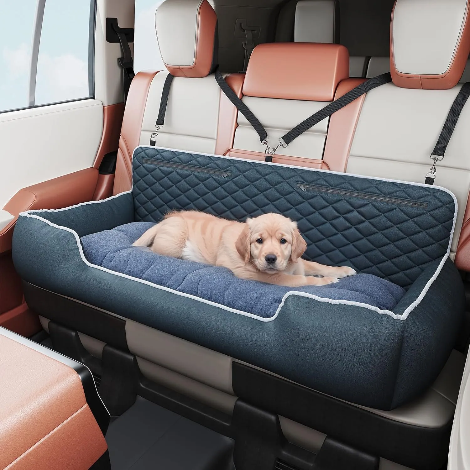 Large high Back Bench Dog Car Booster Seat with Thick Cushion Washable Safety Tethers Storage Pocket Only for Car Back Seat for Medium/Large Dogs up to 100 lbs
