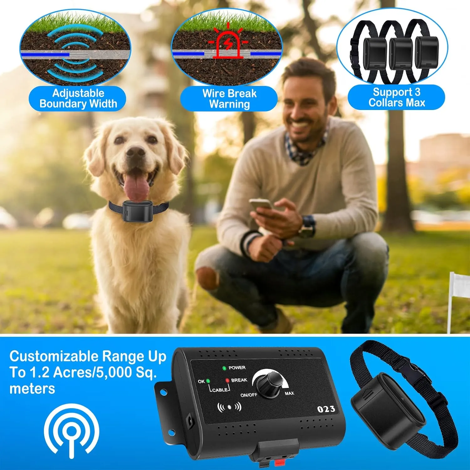 Moclever Wireless Dog Fence System  1.2 Acre Electric Pet Containment System w/Waterproof Shock Collar, Underground 984FT Wire, Safe & Adjustable Boundary for Small, Medium & Large Dogs