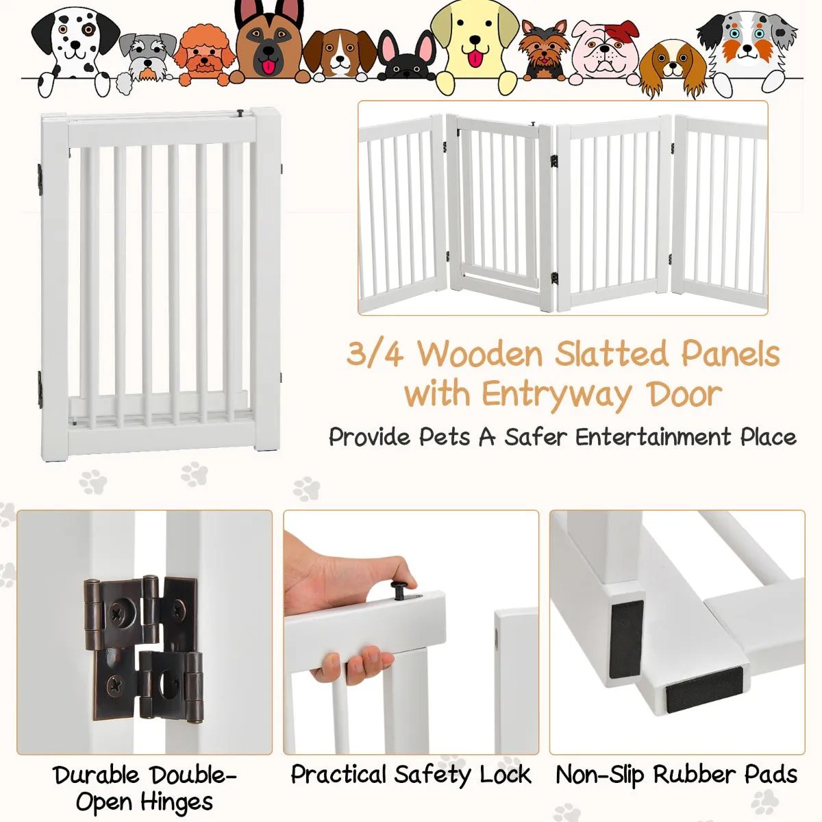 NNECW 4 Panel Folding Dog Fence with Walk Through Door-White