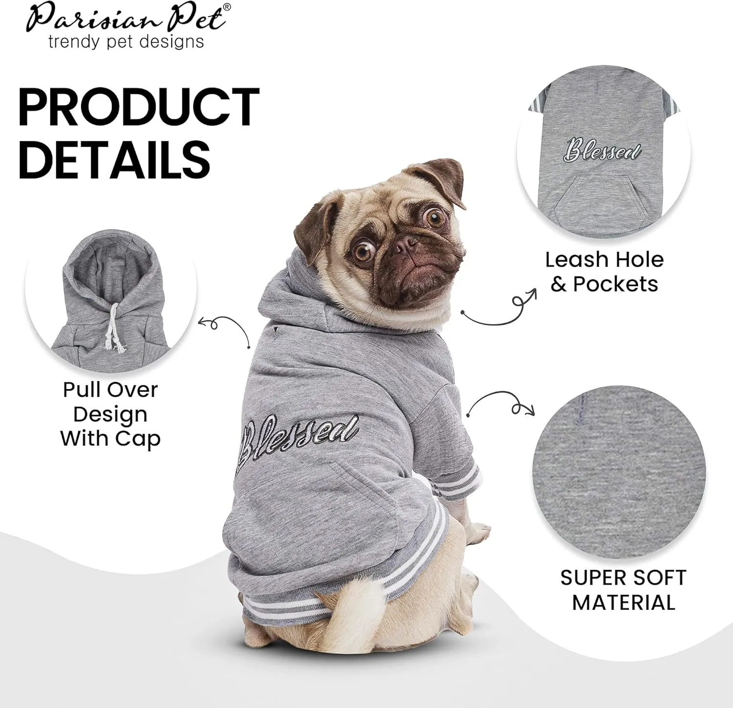 Parisian Pet Basic Dog Hoodie  Lightweight Printed Blessed Dog Sweatshirt  Pullover Hoodies for Dogs with Leash Hole and Pockets  Cotton, Polyester Dog Clothes for Medium Dogs - M