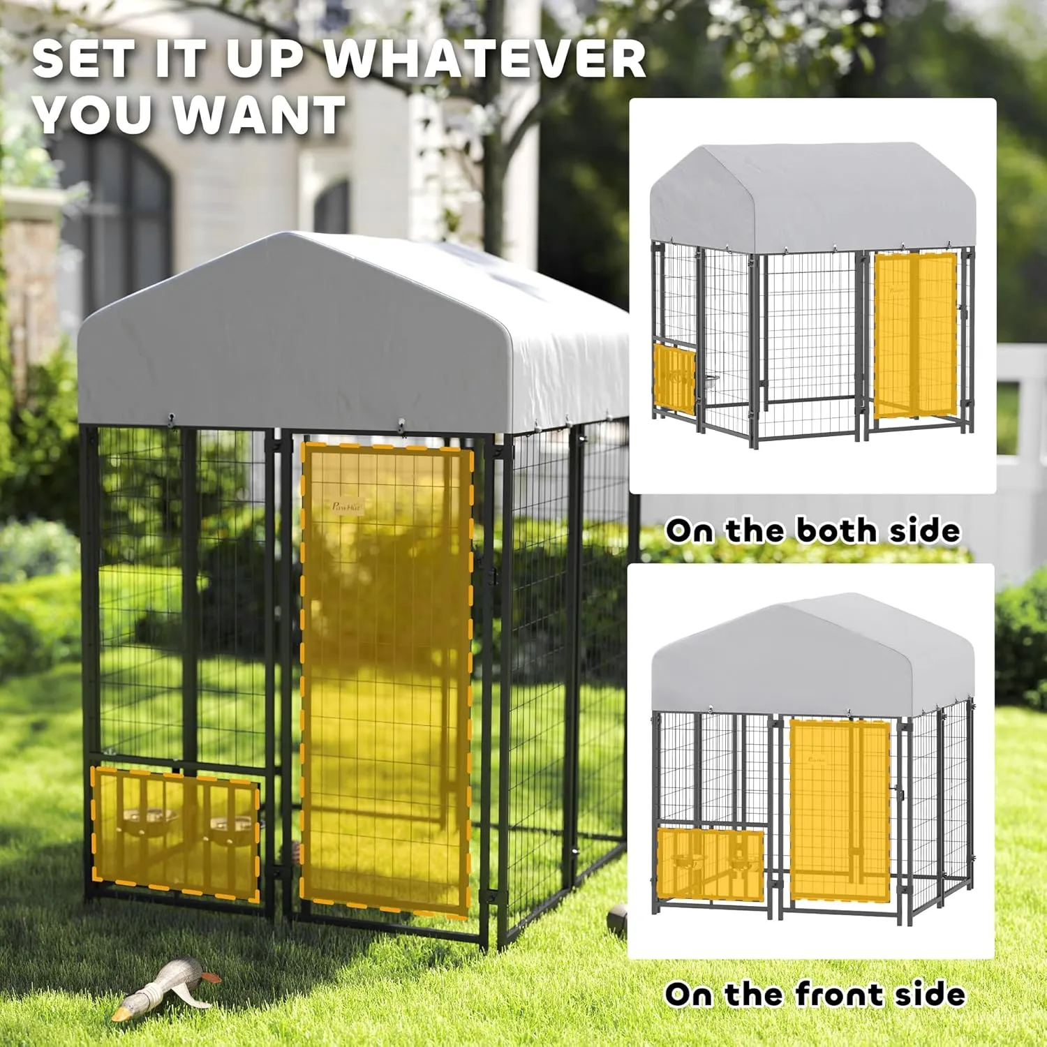PawHut 3.9' x 3.9' x 4.5' Outdoor Dog Kennel, Welded Wire Heavy Duty Dog Run with 360 Rotating & 4 Level Adjustable Bowls, Dog Kennel Outside with Waterproof & UV Resistant Cover, for S&M Dogs