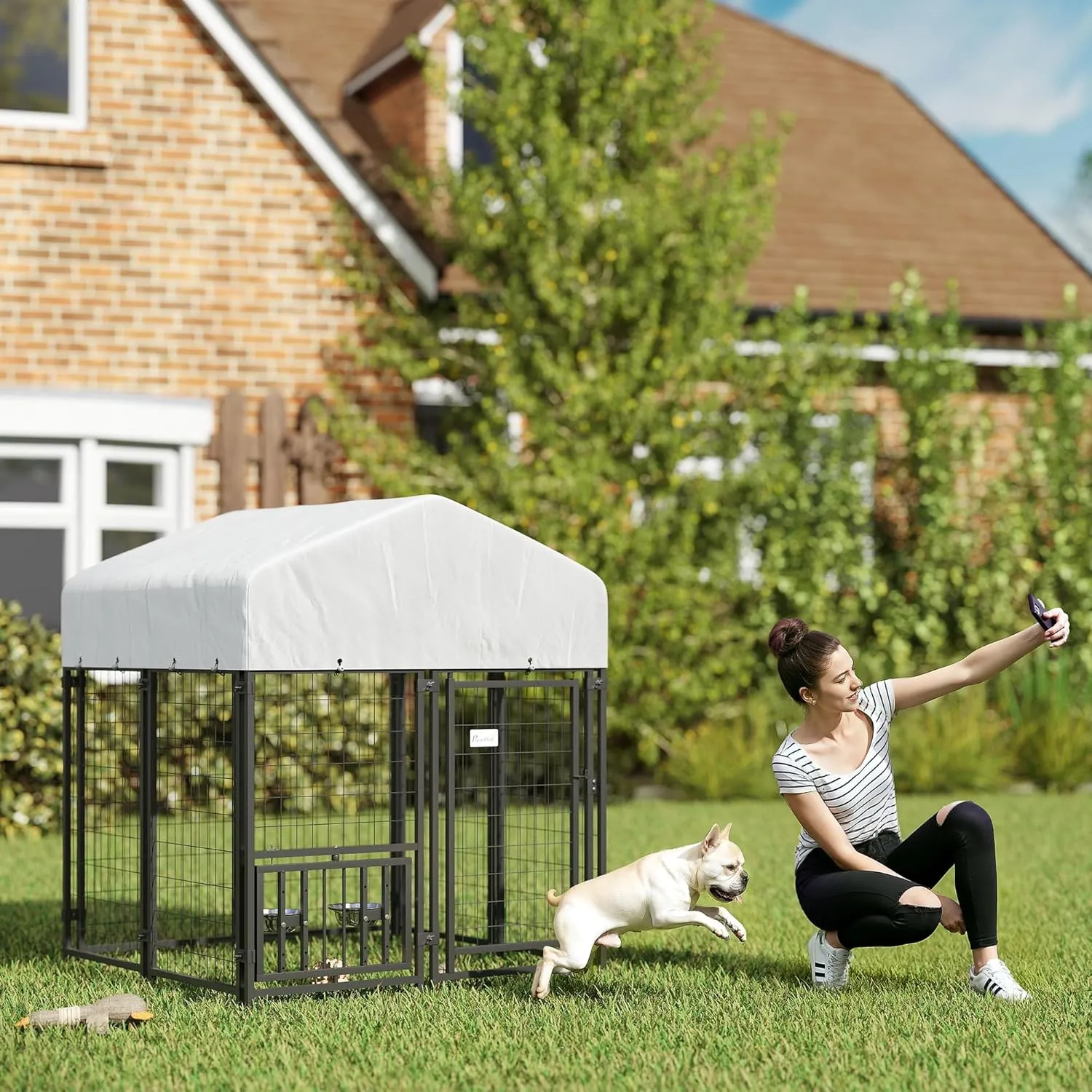 PawHut 3.9' x 3.9' x 4.5' Outdoor Dog Kennel, Welded Wire Heavy Duty Dog Run with 360 Rotating & 4 Level Adjustable Bowls, Dog Kennel Outside with Waterproof & UV Resistant Cover, for S&M Dogs