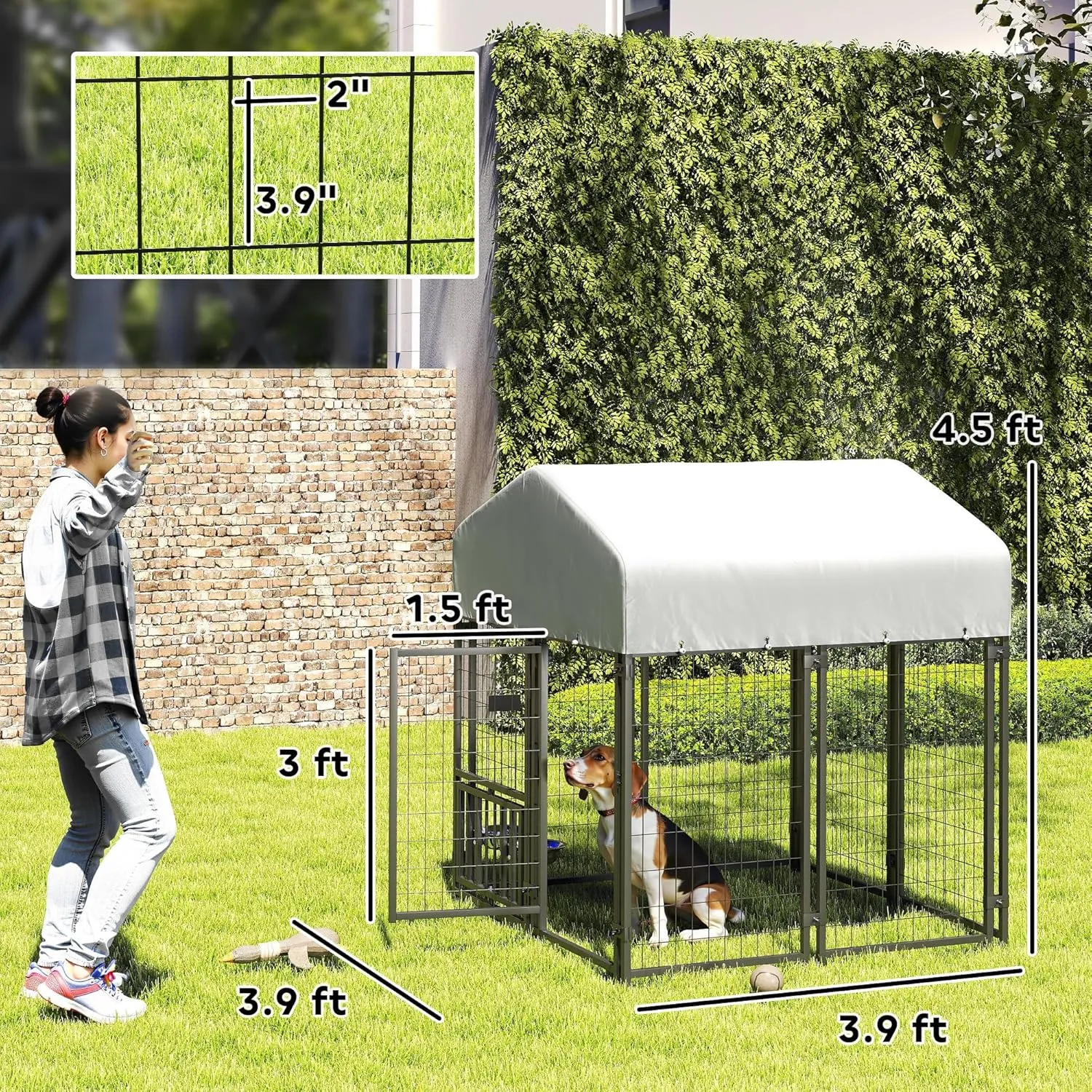 PawHut 3.9' x 3.9' x 4.5' Outdoor Dog Kennel, Welded Wire Heavy Duty Dog Run with 360 Rotating & 4 Level Adjustable Bowls, Dog Kennel Outside with Waterproof & UV Resistant Cover, for S&M Dogs