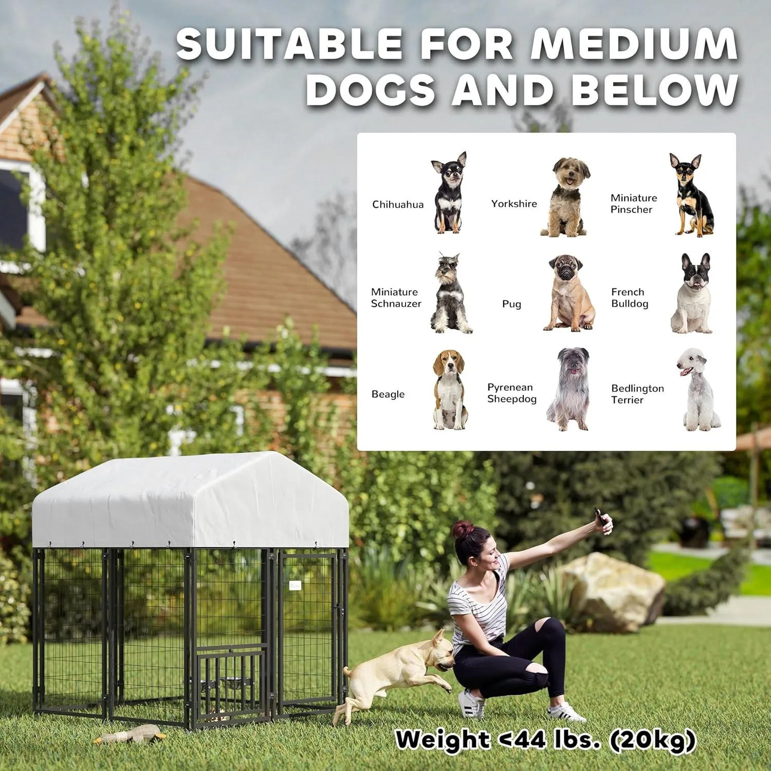 PawHut 3.9' x 3.9' x 4.5' Outdoor Dog Kennel, Welded Wire Heavy Duty Dog Run with 360 Rotating & 4 Level Adjustable Bowls, Dog Kennel Outside with Waterproof & UV Resistant Cover, for S&M Dogs