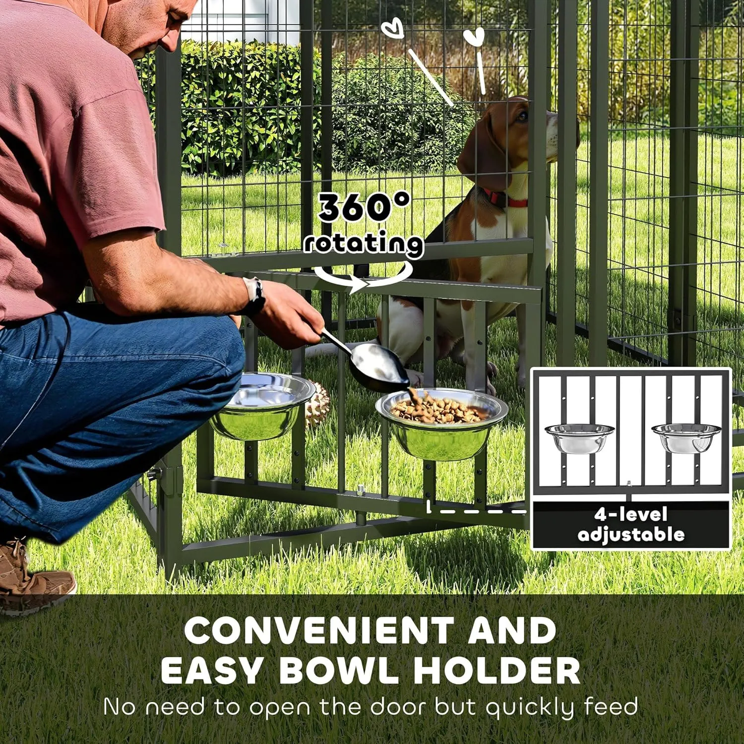 PawHut 3.9' x 3.9' x 4.5' Outdoor Dog Kennel, Welded Wire Heavy Duty Dog Run with 360 Rotating & 4 Level Adjustable Bowls, Dog Kennel Outside with Waterproof & UV Resistant Cover, for S&M Dogs