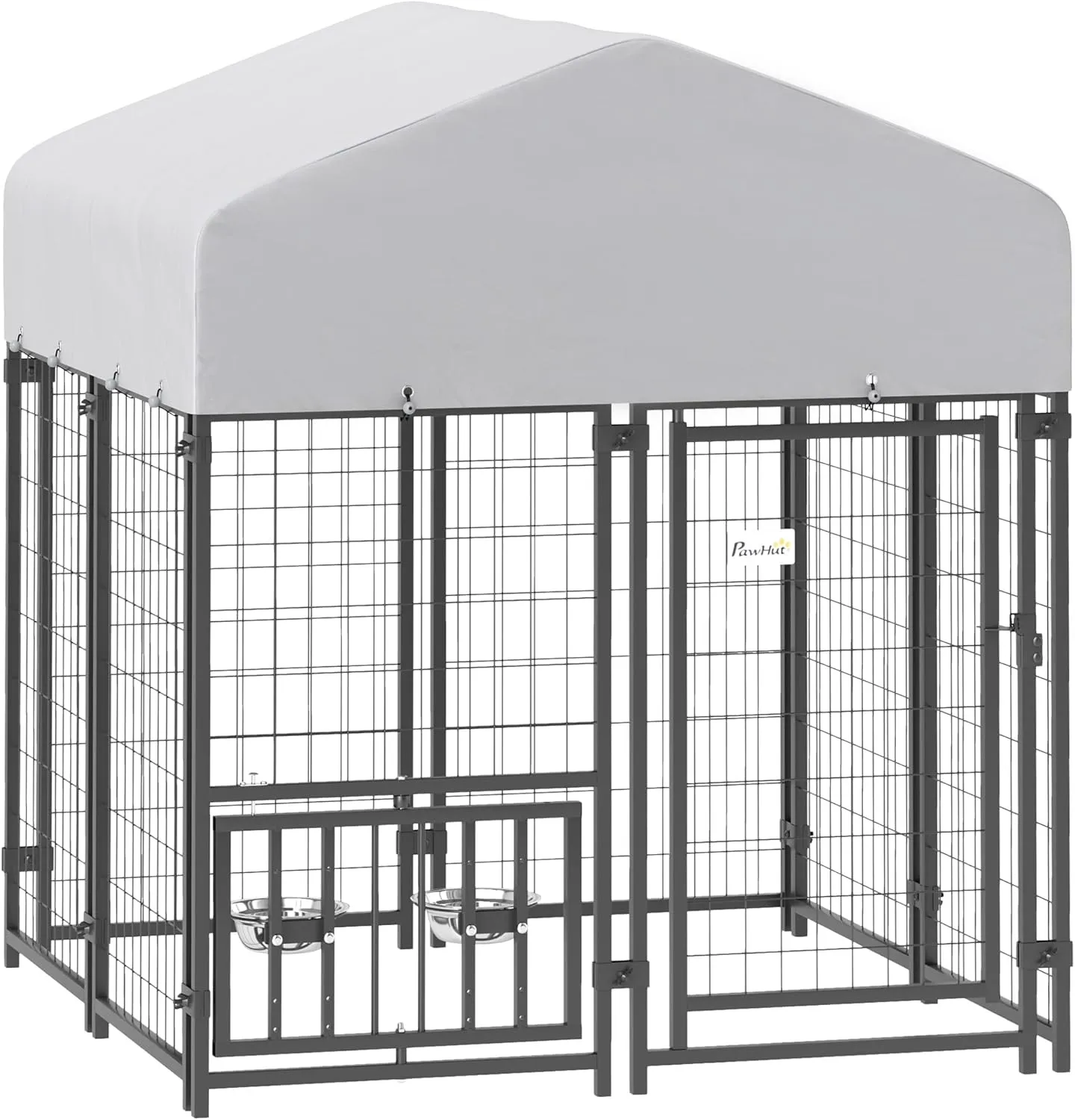 PawHut 3.9' x 3.9' x 4.5' Outdoor Dog Kennel, Welded Wire Heavy Duty Dog Run with 360 Rotating & 4 Level Adjustable Bowls, Dog Kennel Outside with Waterproof & UV Resistant Cover, for S&M Dogs