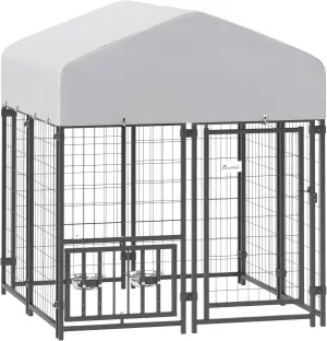 PawHut 3.9' x 3.9' x 4.5' Outdoor Dog Kennel, Welded Wire Heavy Duty Dog Run with 360 Rotating & 4 Level Adjustable Bowls, Dog Kennel Outside with Waterproof & UV Resistant Cover, for S&M Dogs