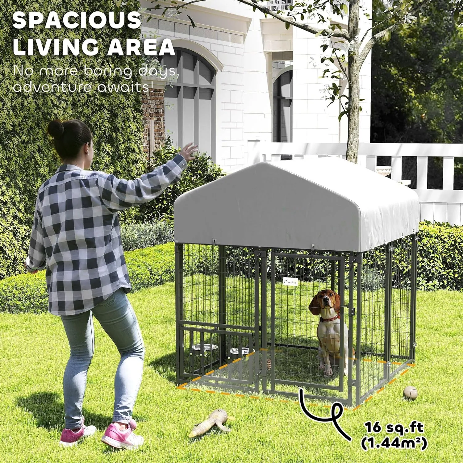 PawHut 3.9' x 3.9' x 4.5' Outdoor Dog Kennel, Welded Wire Heavy Duty Dog Run with 360 Rotating & 4 Level Adjustable Bowls, Dog Kennel Outside with Waterproof & UV Resistant Cover, for S&M Dogs