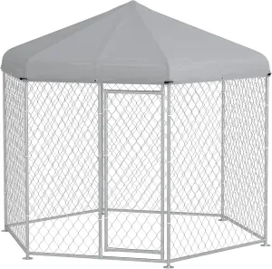 PawHut 9.2' x 8' x 7.7' Dog Kennel Outside, Heavy Duty Chain Link Dog Run Playpen Fence with Waterproof, UV Resistant Roof, Lockable Door, for Medium and Large-Sized Puppy, Silver