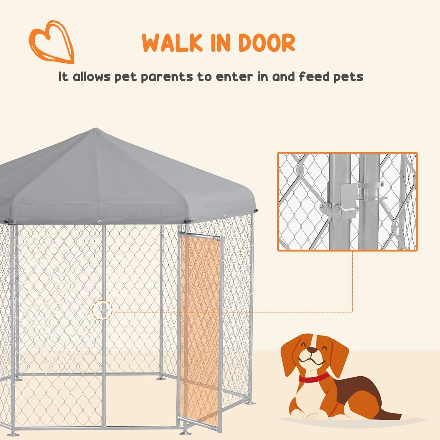 PawHut 9.2' x 8' x 7.7' Dog Kennel Outside, Heavy Duty Chain Link Dog Run Playpen Fence with Waterproof, UV Resistant Roof, Lockable Door, for Medium and Large-Sized Puppy, Silver