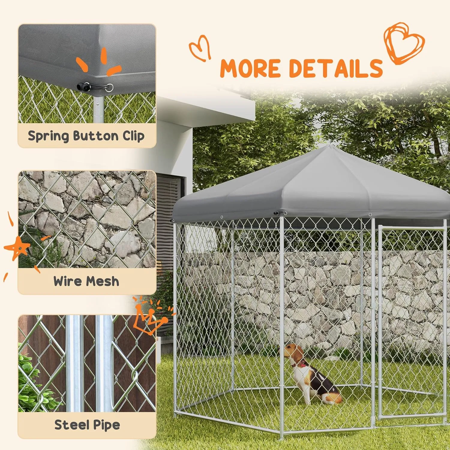 PawHut 9.2' x 8' x 7.7' Dog Kennel Outside, Heavy Duty Chain Link Dog Run Playpen Fence with Waterproof, UV Resistant Roof, Lockable Door, for Medium and Large-Sized Puppy, Silver