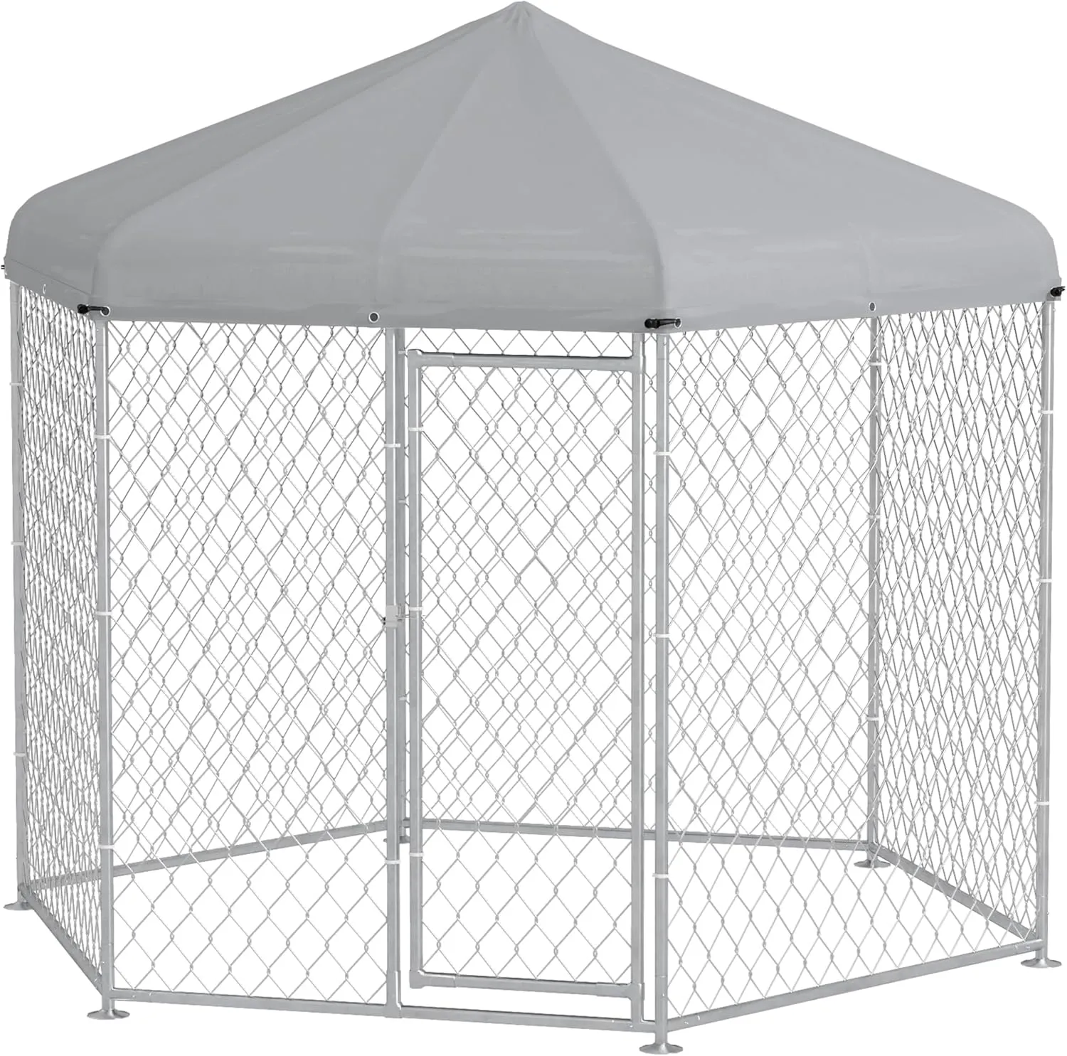 PawHut 9.2' x 8' x 7.7' Dog Kennel Outside, Heavy Duty Chain Link Dog Run Playpen Fence with Waterproof, UV Resistant Roof, Lockable Door, for Medium and Large-Sized Puppy, Silver