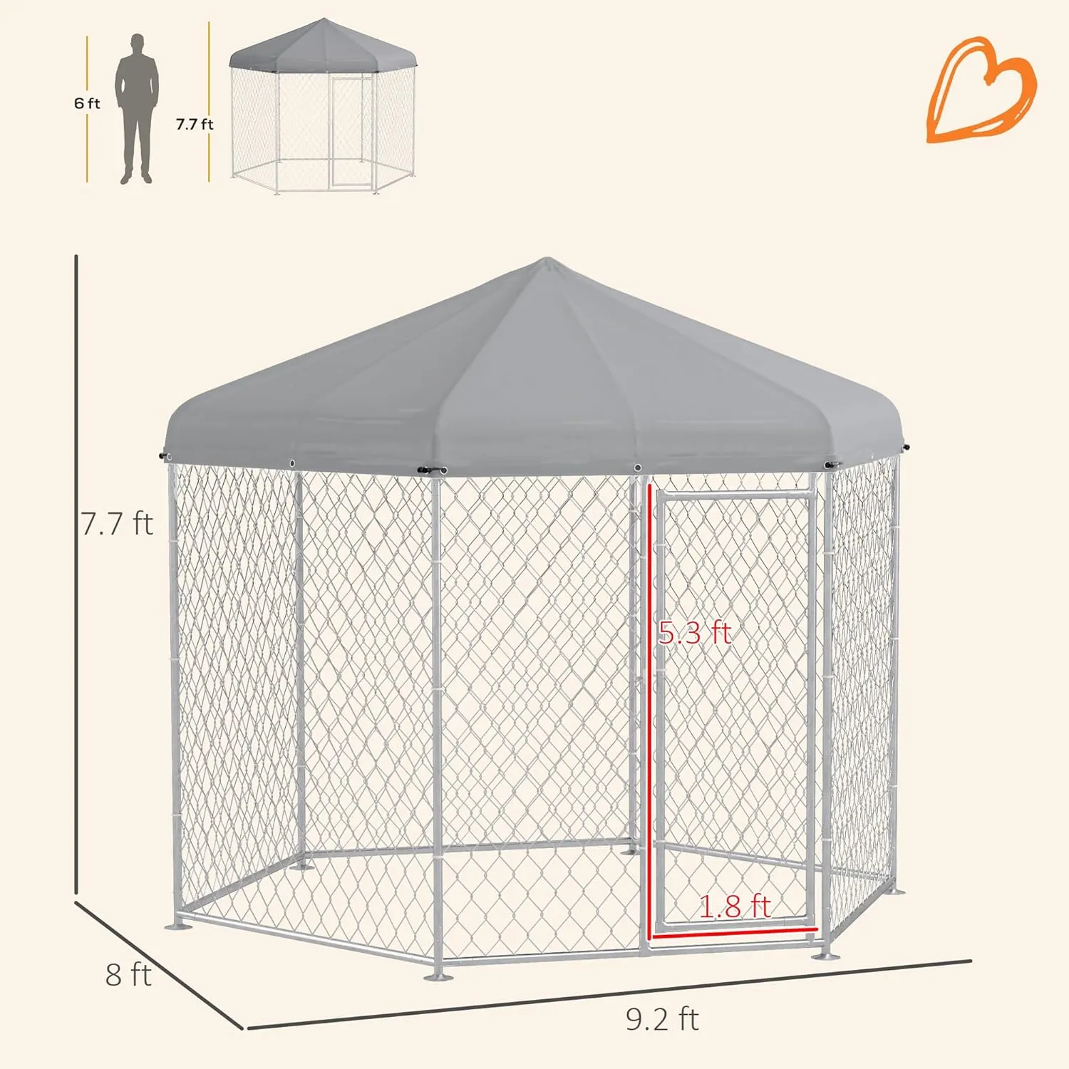 PawHut 9.2' x 8' x 7.7' Dog Kennel Outside, Heavy Duty Chain Link Dog Run Playpen Fence with Waterproof, UV Resistant Roof, Lockable Door, for Medium and Large-Sized Puppy, Silver