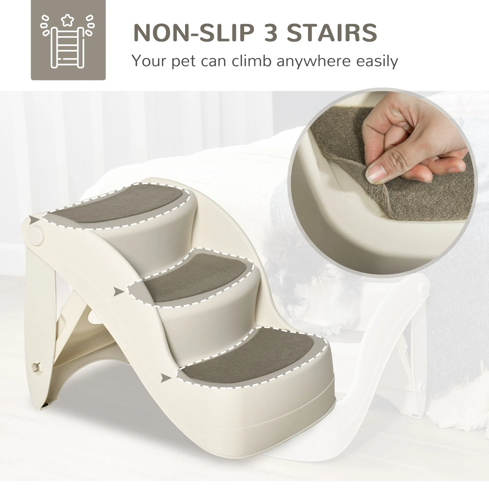 PawHut Foldable Pet Stairs 3 Steps with Non-slip Mats for Small Dogs, Cream