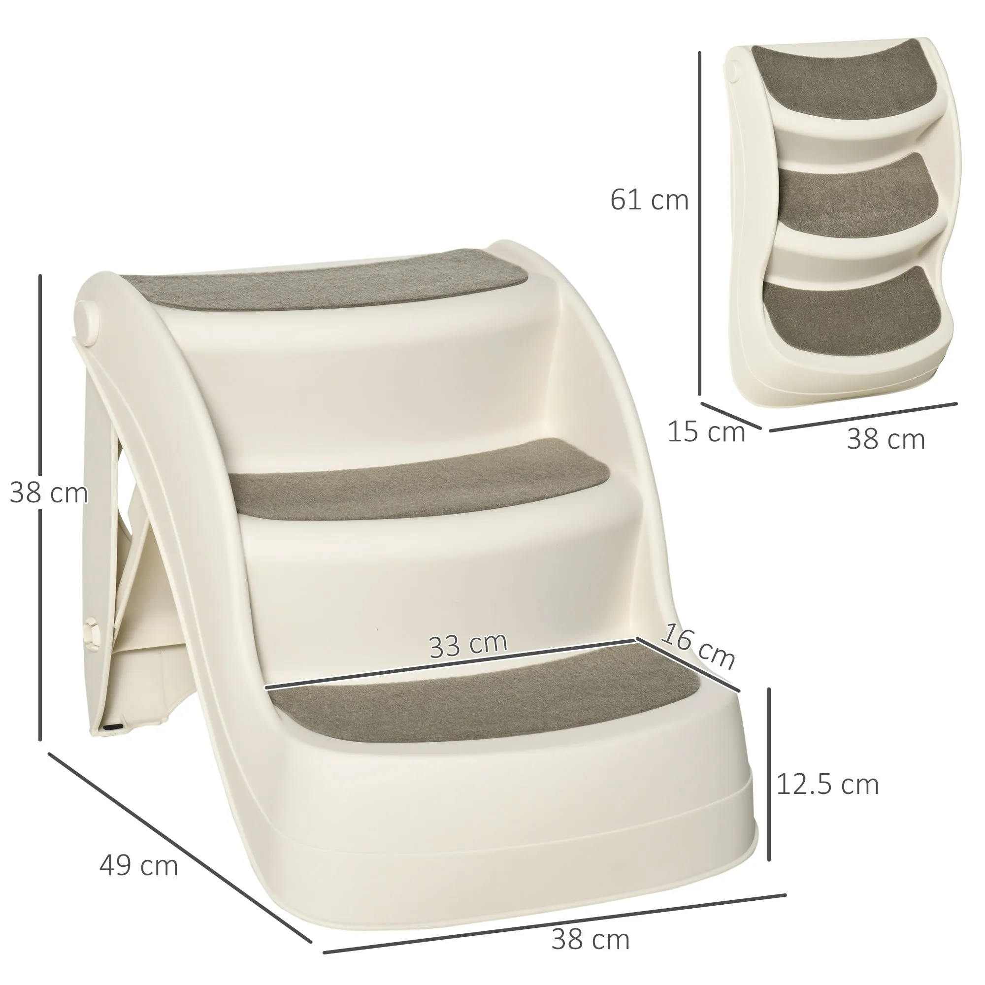 PawHut Foldable Pet Stairs 3 Steps with Non-slip Mats for Small Dogs, Cream