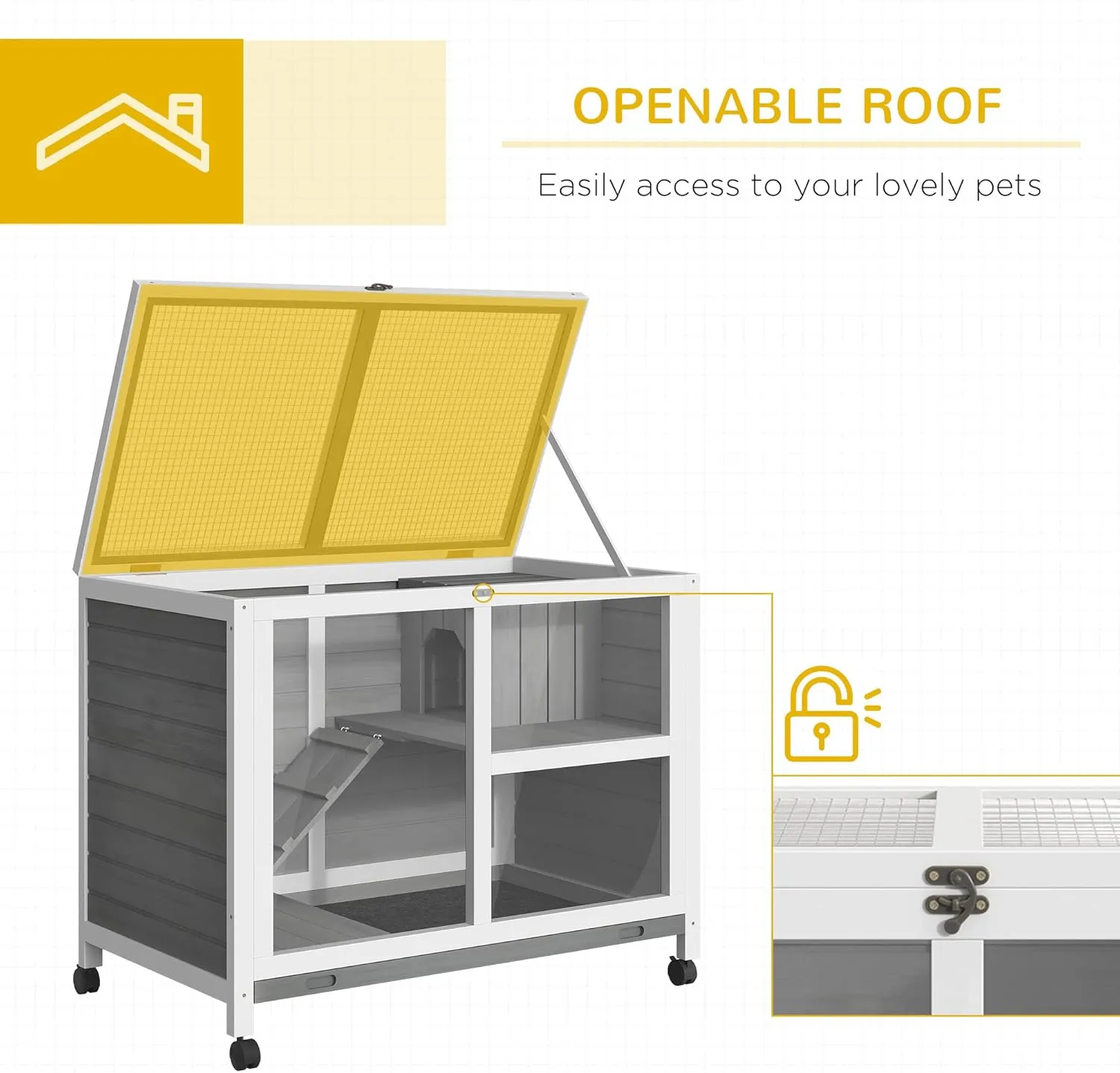 PawHut Rabbit Hutch with Wheels, Desk and Side Table Sized, Wooden Rabbit Cage, Waterproof Small Bunny Cage with Removable Tray, Openable Roof, for Indoor & Outdoor, Gray