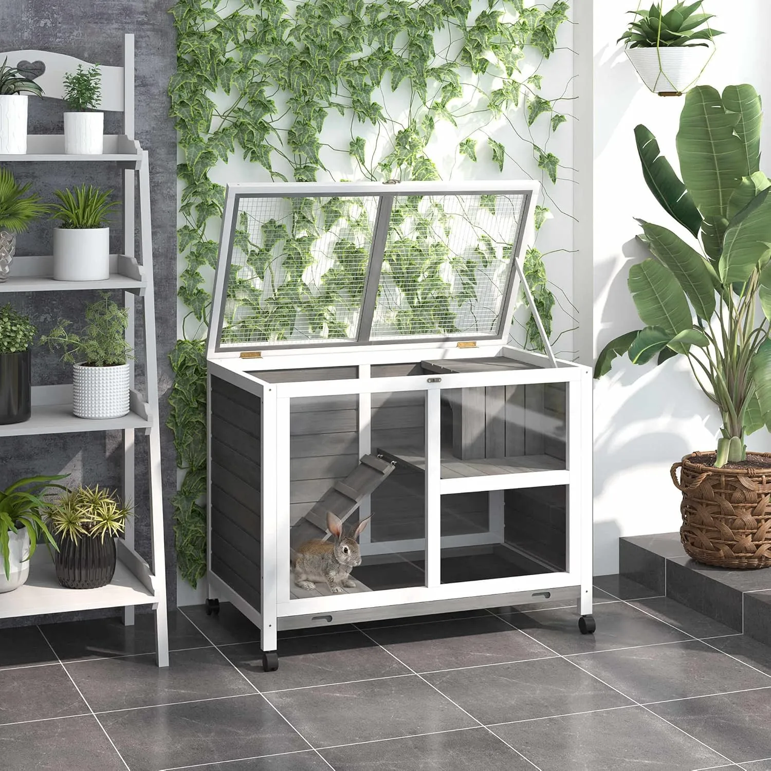 PawHut Rabbit Hutch with Wheels, Desk and Side Table Sized, Wooden Rabbit Cage, Waterproof Small Bunny Cage with Removable Tray, Openable Roof, for Indoor & Outdoor, Gray
