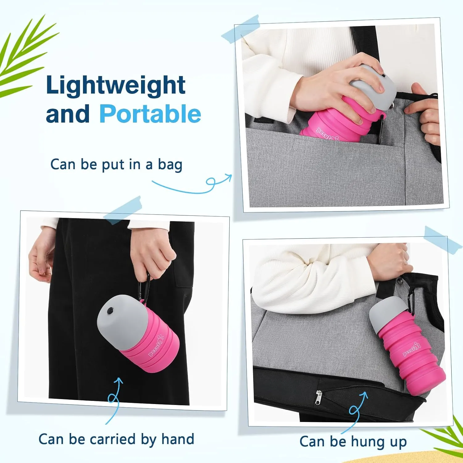 Pecute Dog Water Bottle Portable Collapsible - 2-in-1 Travel Water Bowl & Dispenser with Food-Grade Silicone, Space-Saving Design for Hiking/Camping 17oz-29oz,Pink