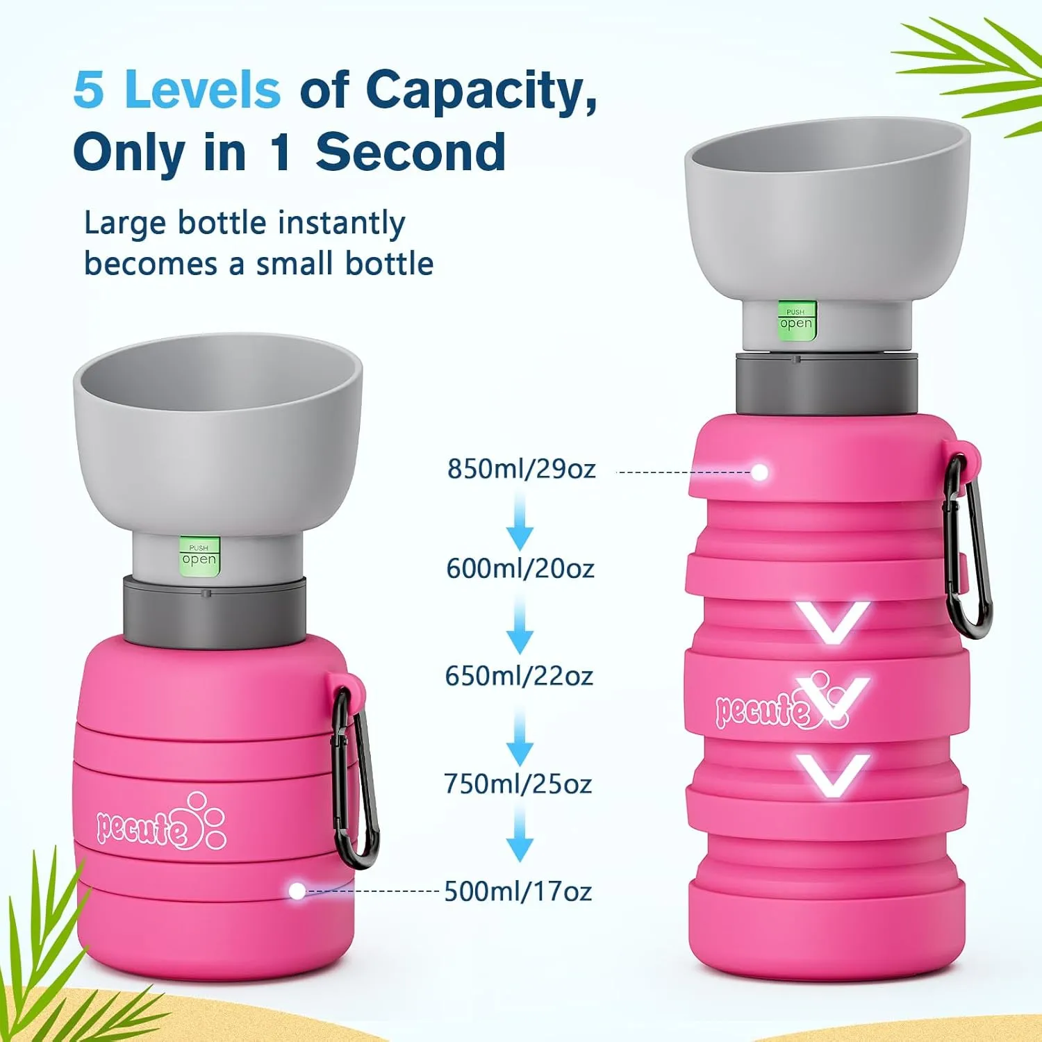 Pecute Dog Water Bottle Portable Collapsible - 2-in-1 Travel Water Bowl & Dispenser with Food-Grade Silicone, Space-Saving Design for Hiking/Camping 17oz-29oz,Pink