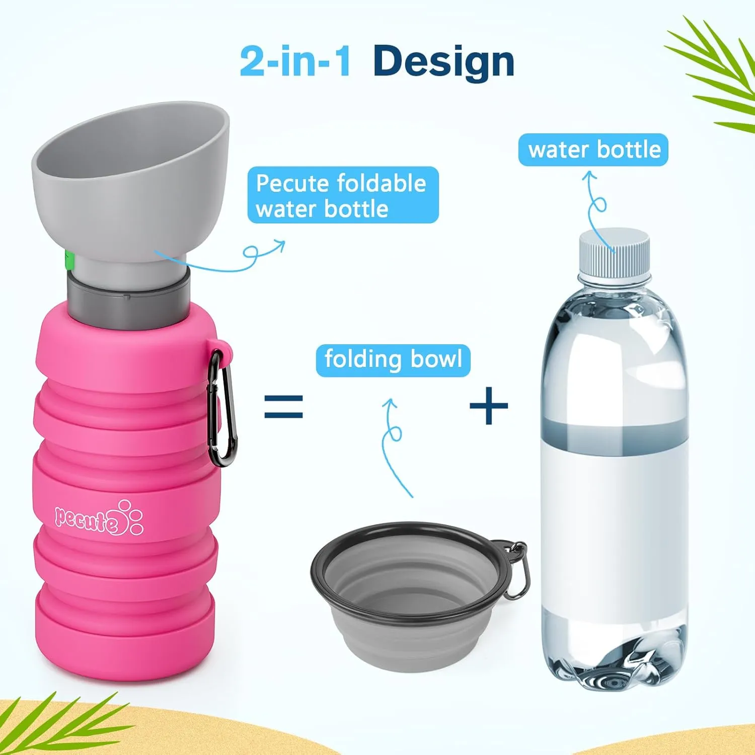 Pecute Dog Water Bottle Portable Collapsible - 2-in-1 Travel Water Bowl & Dispenser with Food-Grade Silicone, Space-Saving Design for Hiking/Camping 17oz-29oz,Pink