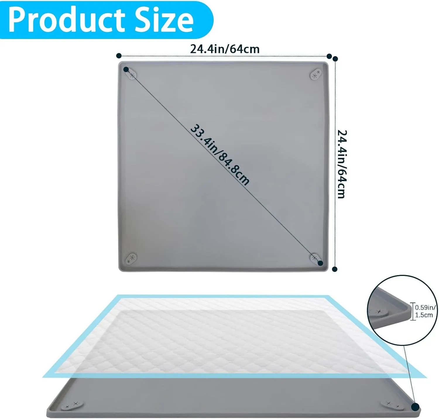 Pee Pad Holder for Dogs, 24"X24" Puppy Pad Holder with Raised Edge, Non-Slip Silicone Mat & Leak-Proof Dog Pee Tray for Floor Protection, Puppy Potty Training Pad Tray