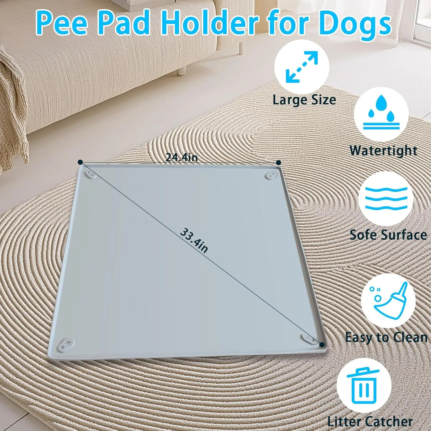 Pee Pad Holder for Dogs, 24"X24" Puppy Pad Holder with Raised Edge, Non-Slip Silicone Mat & Leak-Proof Dog Pee Tray for Floor Protection, Puppy Potty Training Pad Tray