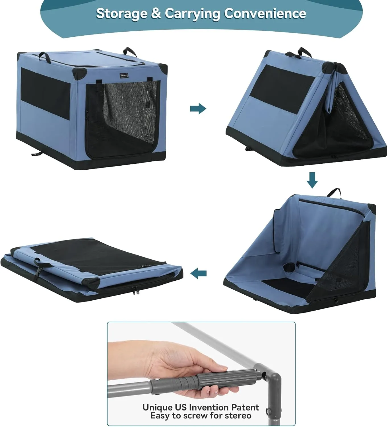 PETSFIT Portable Dog Crate, with Patented Adjustable Fabric Cover, Chewproof & Lockable Mesh Doors, Waterproof Base Collapsible Kennel Blue 36 Inch