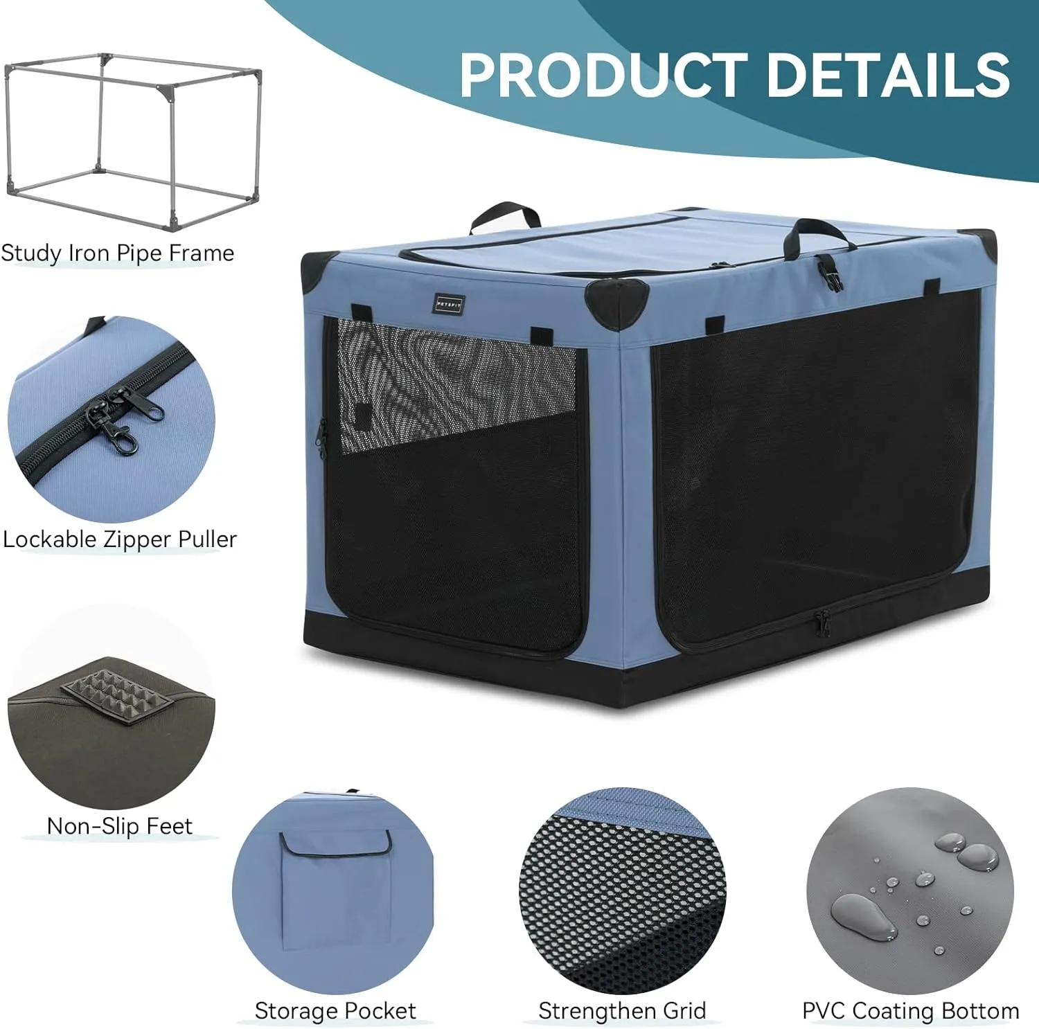 PETSFIT Portable Dog Crate, with Patented Adjustable Fabric Cover, Chewproof & Lockable Mesh Doors, Waterproof Base Collapsible Kennel Blue 36 Inch