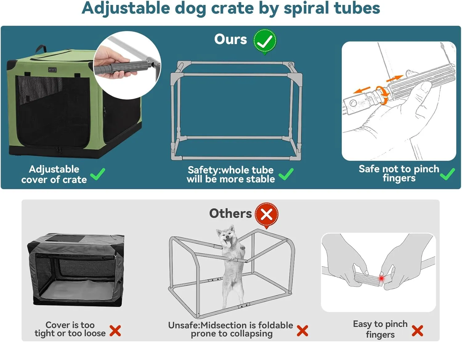 PETSFIT Soft Dog Crate, with Patented Adjustable Fabric Cover, Chewproof & Lockable Mesh Doors, Waterproof Base Collapsible Kennel Green 30 Inch