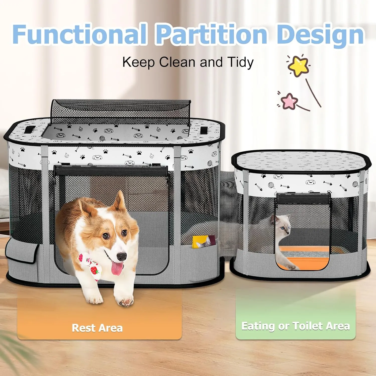 Portable Cat Playpen, Foldable Pet Dog Playpen, for Kitten Puppy Play Pen Indoor/Outdoor, Cats Enclosure Cages Tent with Carrying Case, 600D Oxford 8-Rods, 32"x24"x22", Grey