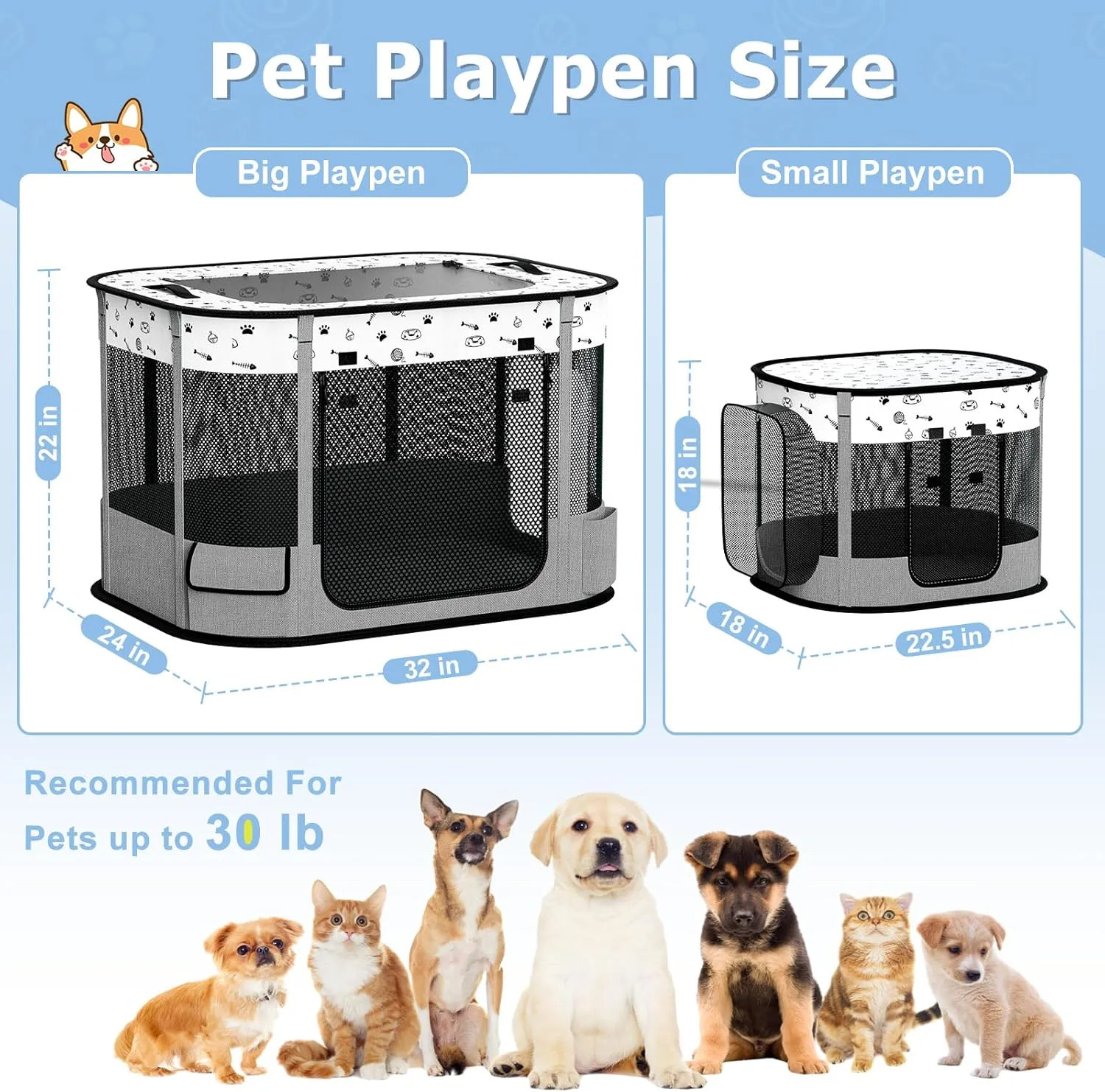 Portable Cat Playpen, Foldable Pet Dog Playpen, for Kitten Puppy Play Pen Indoor/Outdoor, Cats Enclosure Cages Tent with Carrying Case, 600D Oxford 8-Rods, 32"x24"x22", Grey