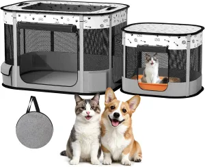 Portable Cat Playpen, Foldable Pet Dog Playpen, for Kitten Puppy Play Pen Indoor/Outdoor, Cats Enclosure Cages Tent with Carrying Case, 600D Oxford 8-Rods, 32"x24"x22", Grey