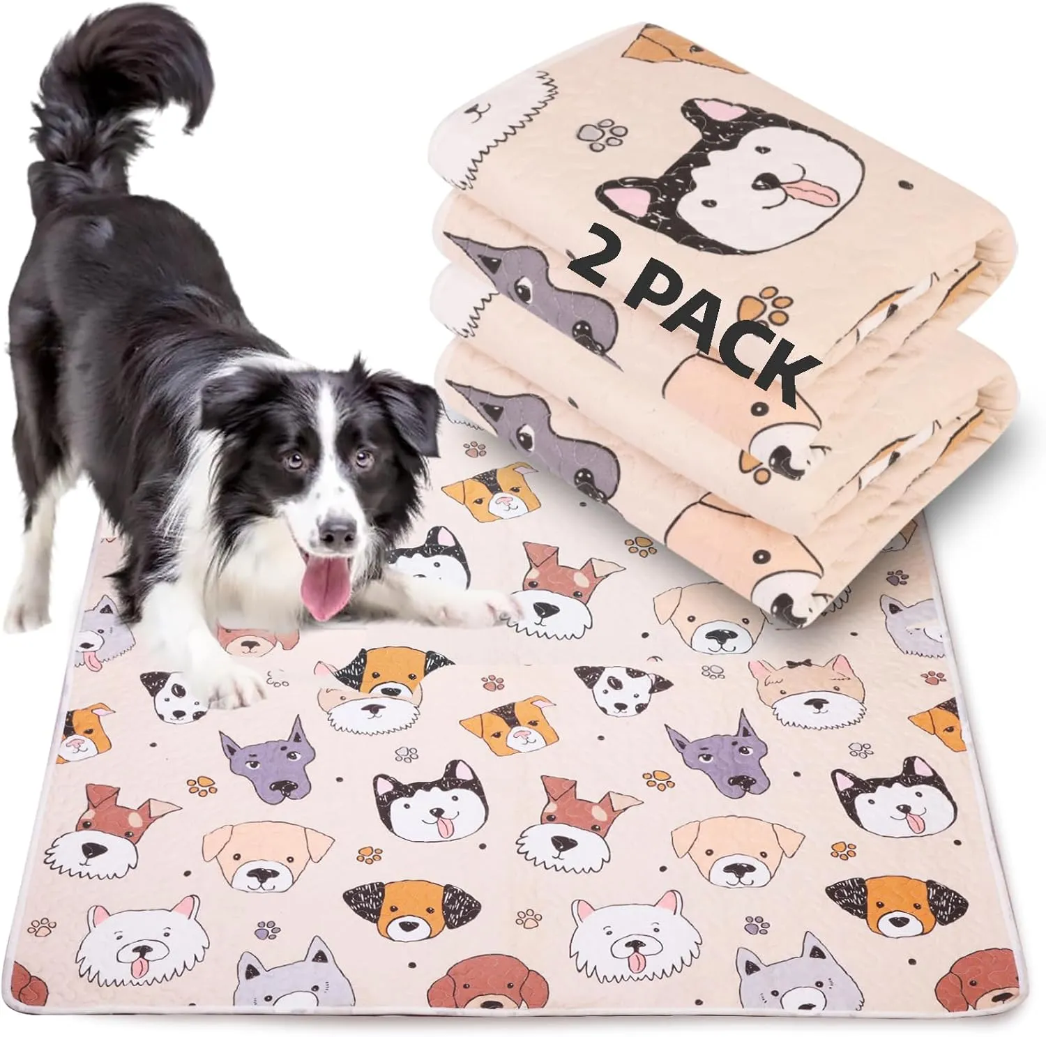 Puppy Playpen Mat Crate Pad, Reusable Dog Pee Pads Washable for Pet Training, Housebreaking, and Incontinence, Waterproof/Anti-Slip/Machine Washable (Woof woof, 38x38 Inch-2 Pack)