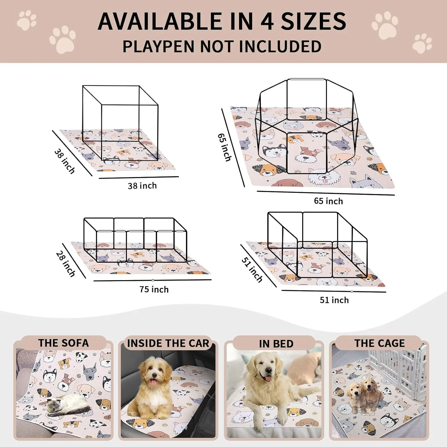 Puppy Playpen Mat Crate Pad, Reusable Dog Pee Pads Washable for Pet Training, Housebreaking, and Incontinence, Waterproof/Anti-Slip/Machine Washable (Woof woof, 38x38 Inch-2 Pack)