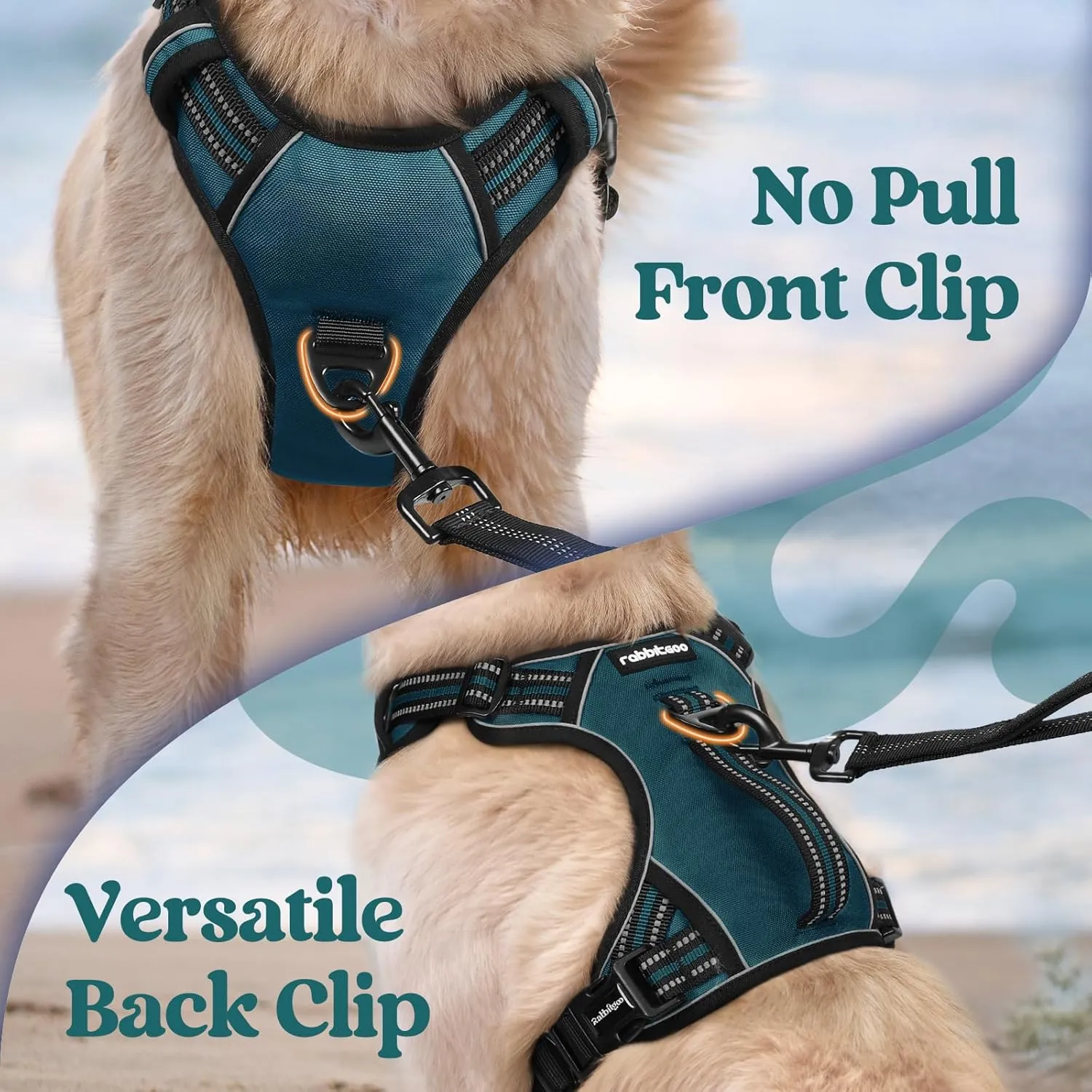 rabbitgoo Dog Harness Medium Sized, No Pull Pet Harness with Soft Padded Handle, Adjustable Reflective Vest with 3 Buckles, Easy Walking Harness with 2 Leash Clips, Green, XL