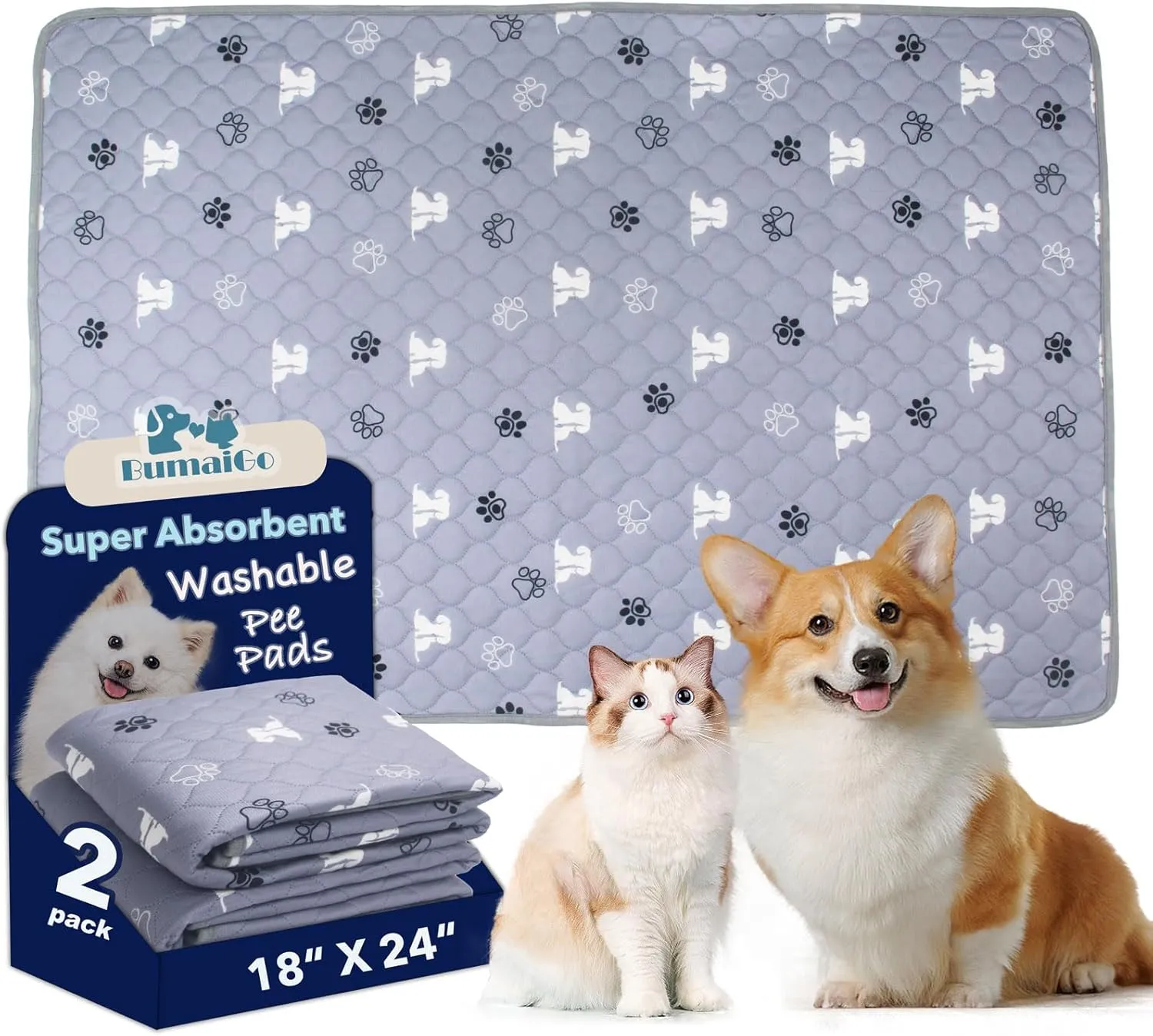 Reusable Potty Pads for Dogs - 2 Pack 18"x24" Washable Pee Pads Waterproof Puppy Pads with Non-Slip Backing, Super Absorbent & Leakproof Pet Training Pads for Potty, Crate, Playpen, Bed, Sofa