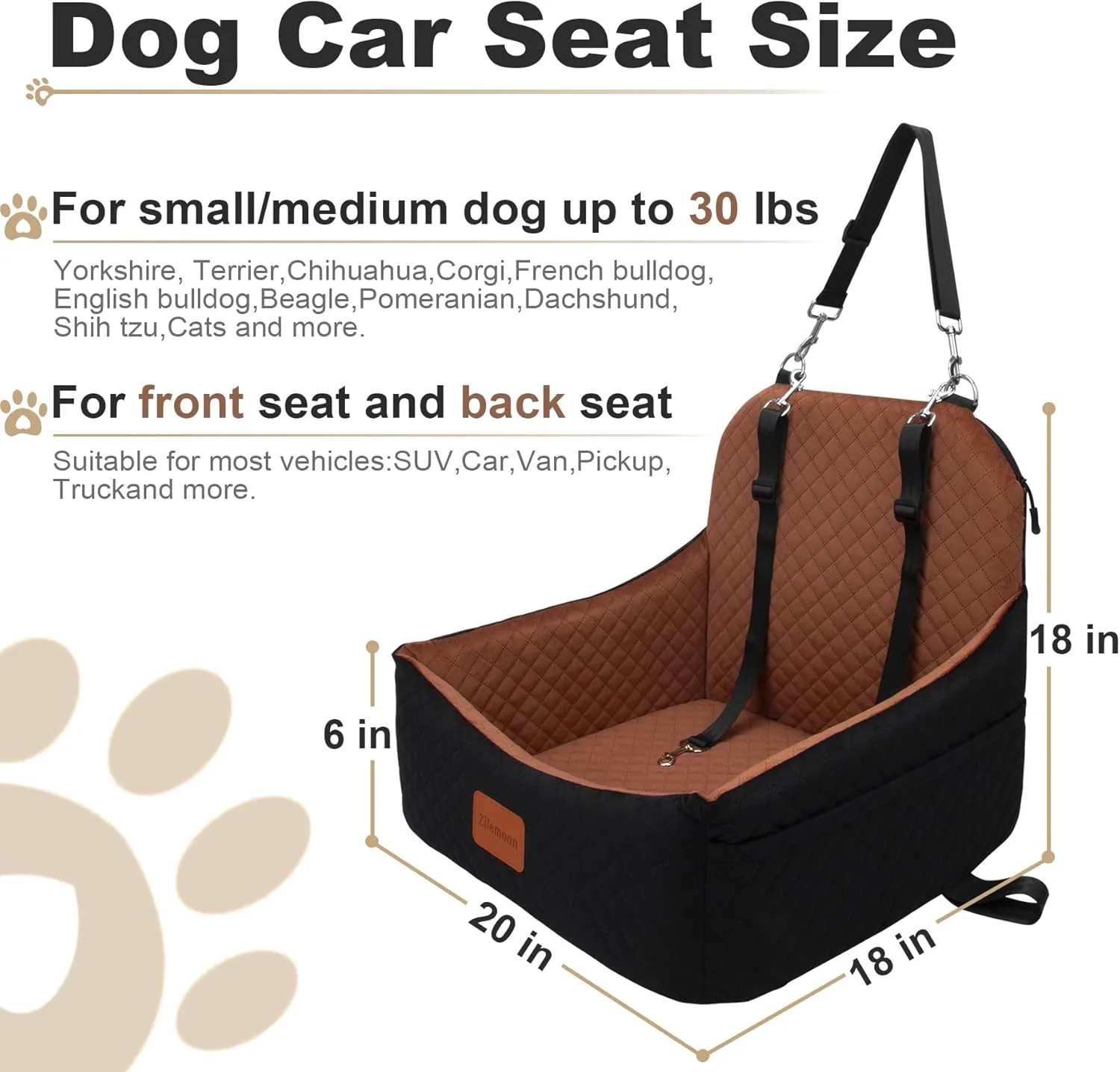 S1 Dog Car Booster Seat with 2 Safety Leashes, for Small Medium Dogs 0-28lbs, Pet Travel Safety Bed with Storage Pockets, Fully Detachable and Easy to Install (Black Outside, Brown Inside)